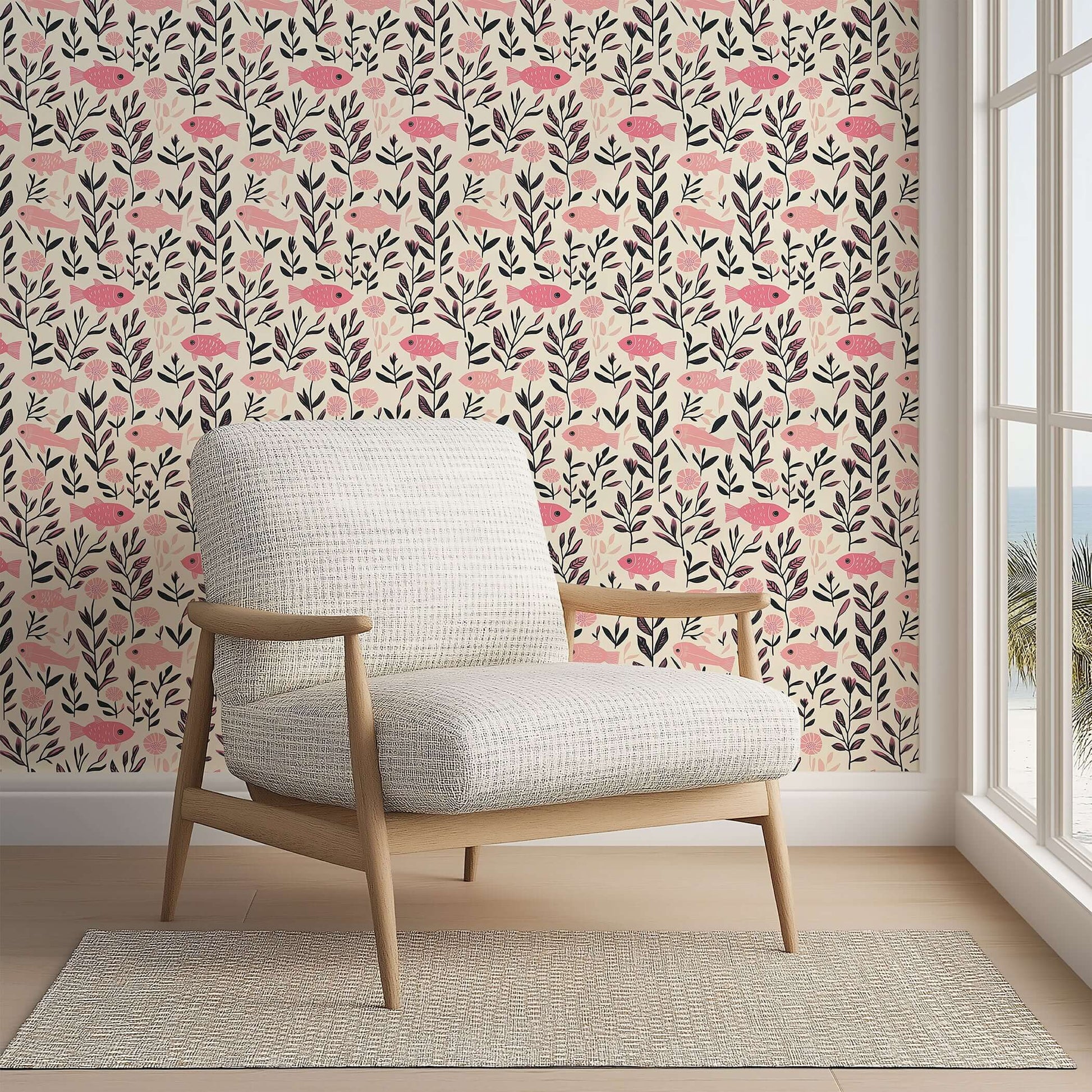 Mid-century modern chair in room with pink fish fantasy wallpaper featuring oceanic and botanical design, ideal for coastal decor.