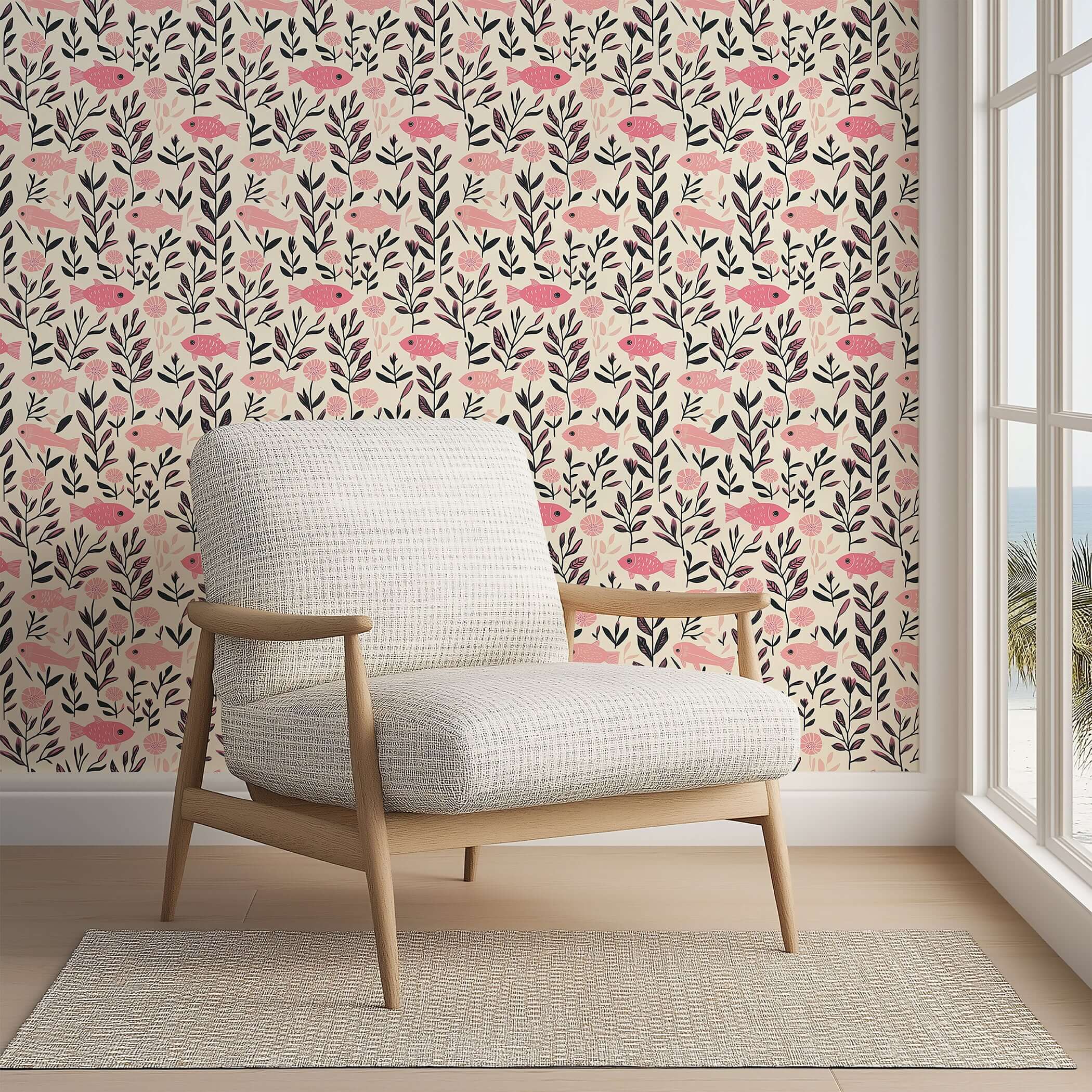 Mid-century modern chair in room with pink fish fantasy wallpaper featuring oceanic and botanical design, ideal for coastal decor.