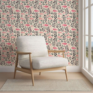 Mid-century modern chair in room with pink fish fantasy wallpaper featuring oceanic and botanical design, ideal for coastal decor.