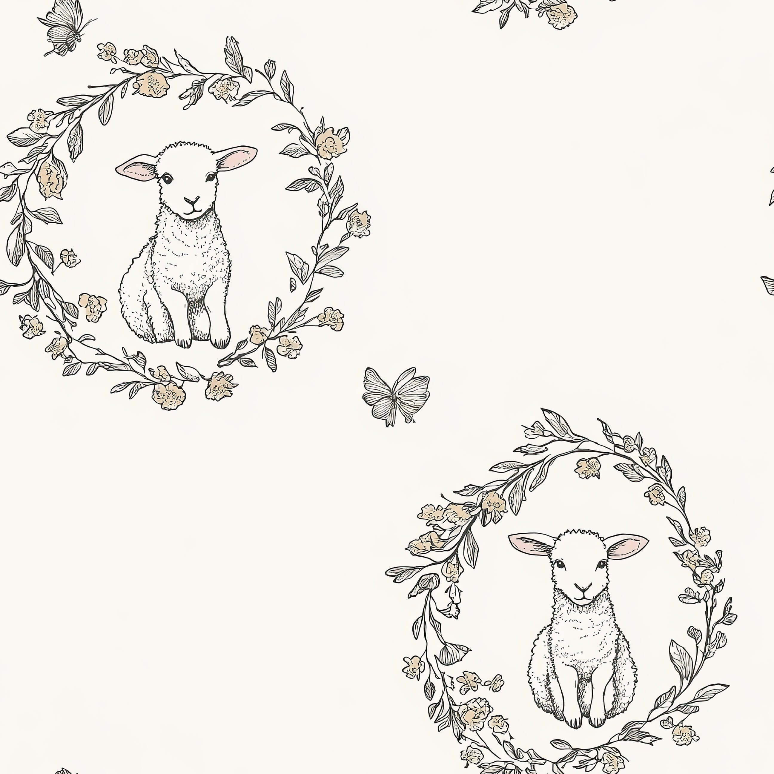Lambs Meadow Dream wallpaper featuring baby lambs in floral wreaths with butterflies, perfect for a children's nursery or playroom.