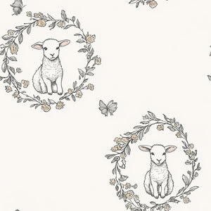 Lambs Meadow Dream wallpaper featuring baby lambs in floral wreaths with butterflies, perfect for a children's nursery or playroom.