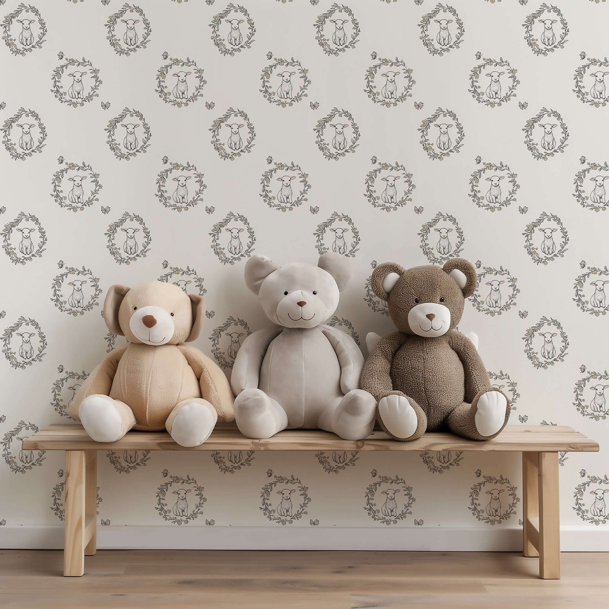 Lambs Meadow Dream wallpaper with floral wreaths and butterflies, ideal for nurseries and children's playrooms, enhancing a gentle, cozy atmosphere.
