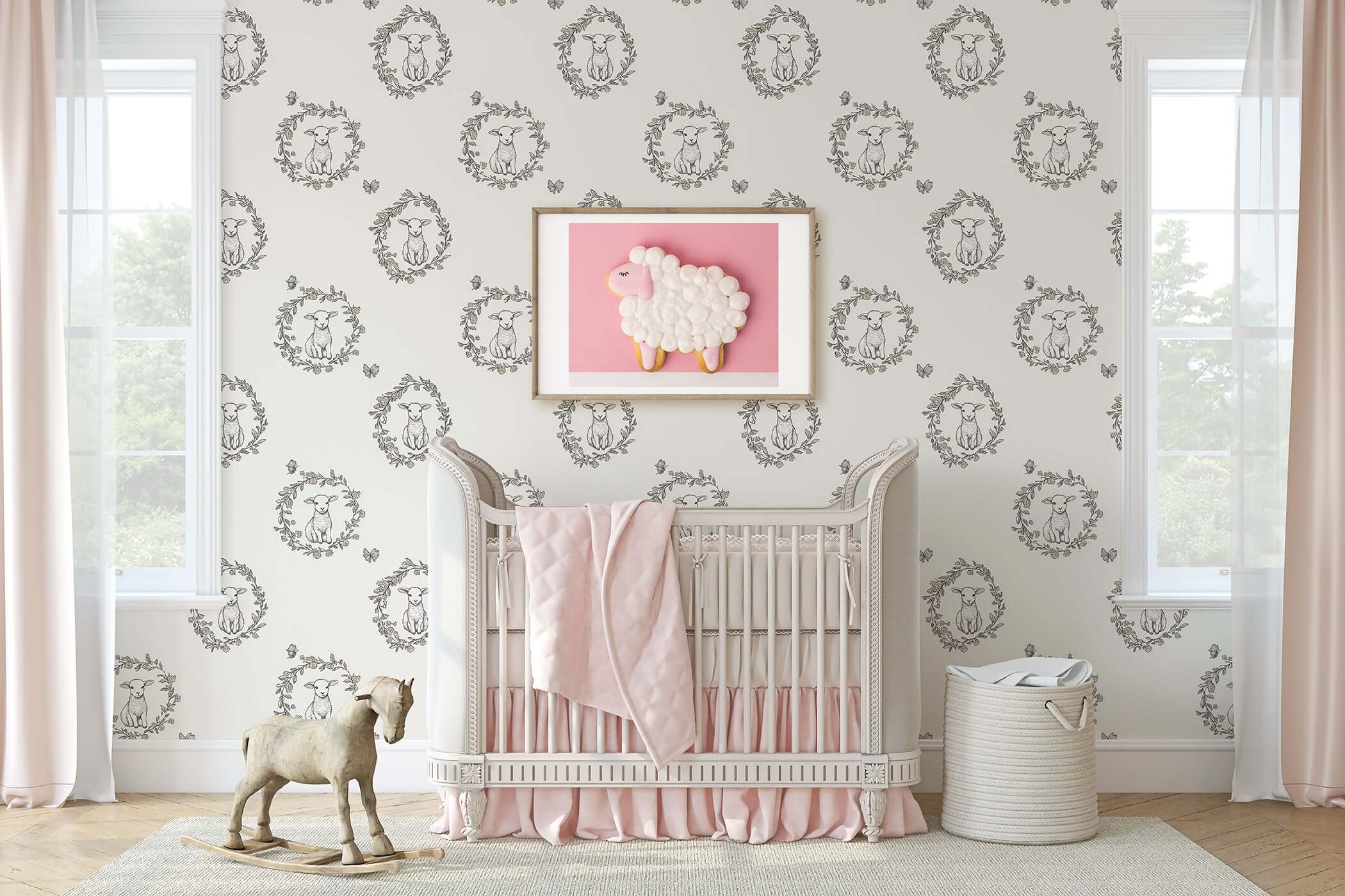 Nursery room with Lambs Meadow Dream wallpaper featuring lambs in floral wreaths, perfect for children's spaces and playful decor.