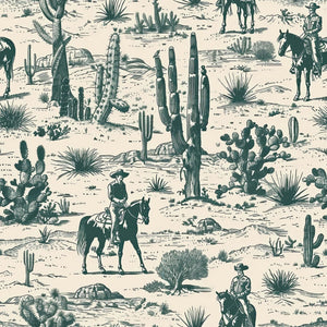 Vintage Cowboy Trails toile wallpaper with cowboys, horses, deserts, and cacti for a rustic Western-themed decor.
