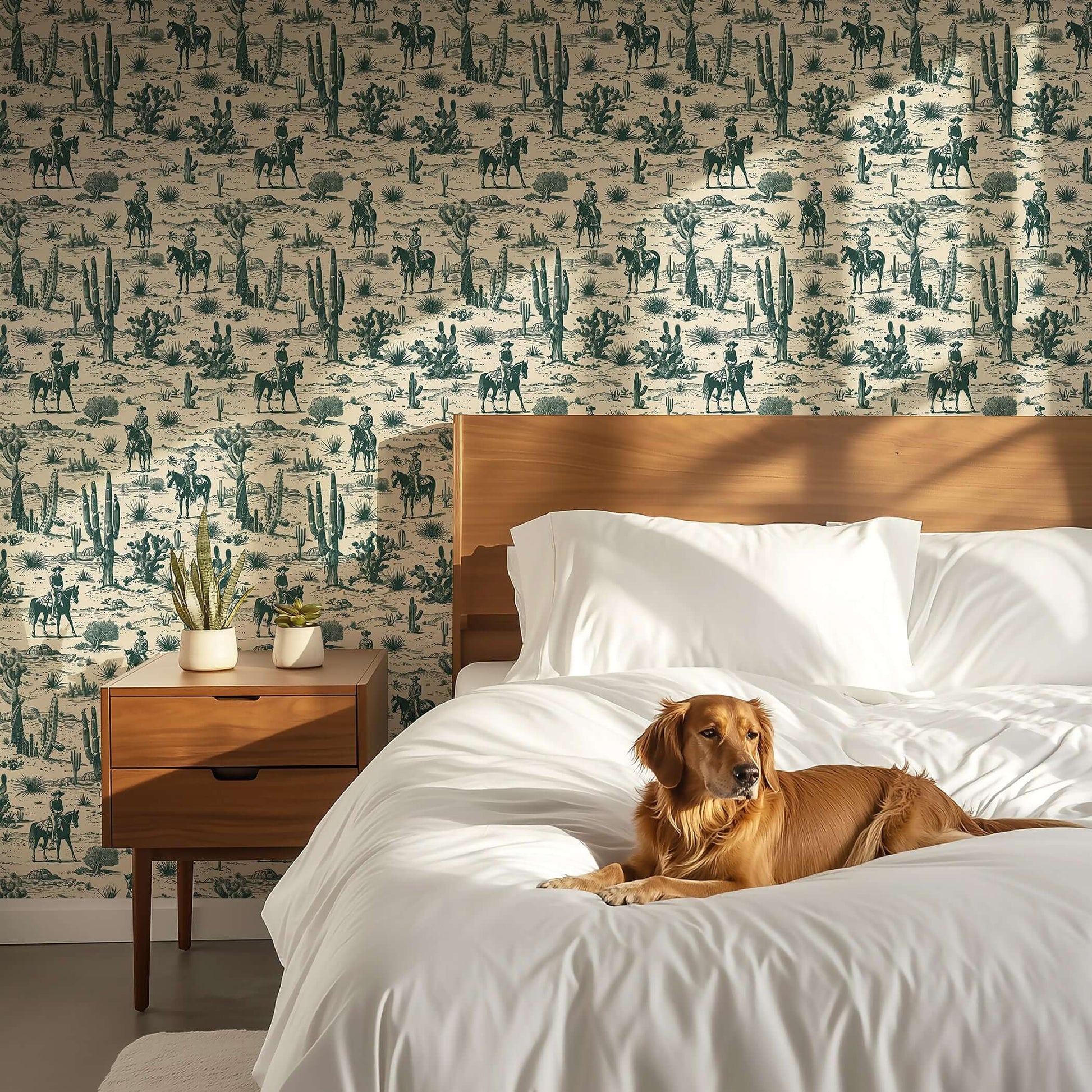 Western-themed toile wallpaper featuring cowboys, horses, and cacti in a desert setting, enhancing rustic home decor elegance.