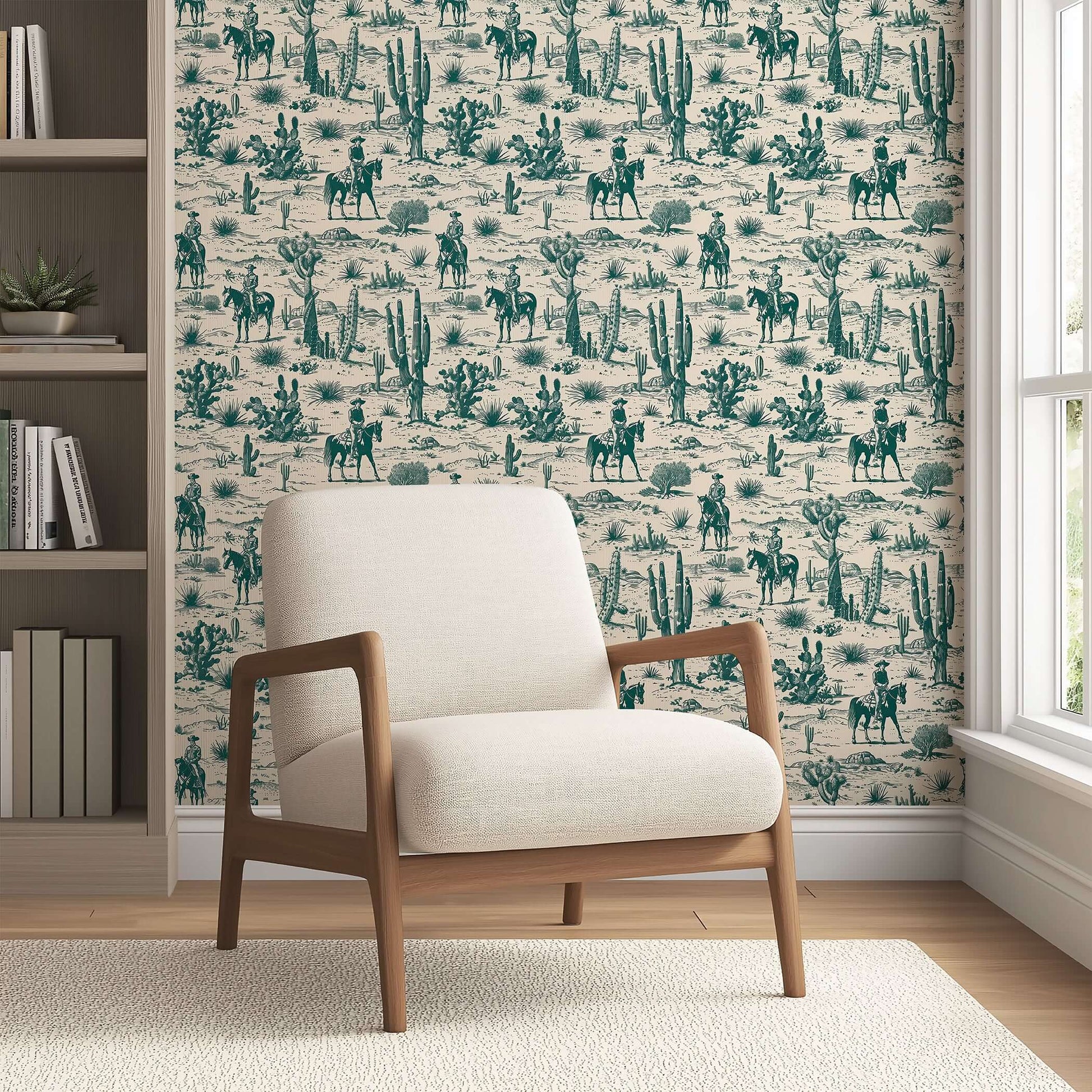 Vintage cowboy trails toile wallpaper with cowboys, horses, and desert cacti, adding rustic Western charm to a living room.