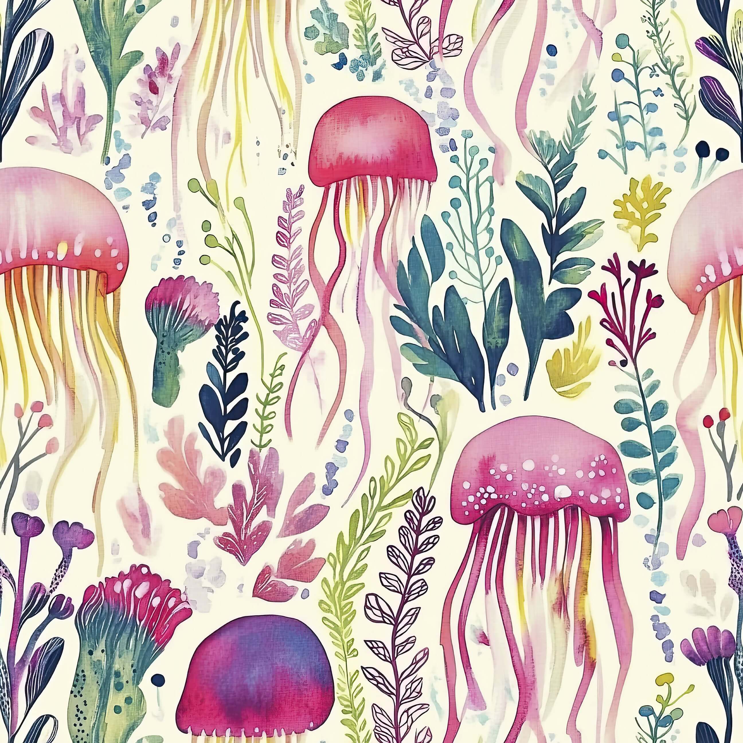 "Enchanted Jelly Blooms" wallpaper with pink, purple jellyfish and sea flora, perfect for a coastal marine-themed room.