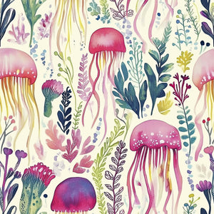 "Enchanted Jelly Blooms" wallpaper with pink, purple jellyfish and sea flora, perfect for a coastal marine-themed room.