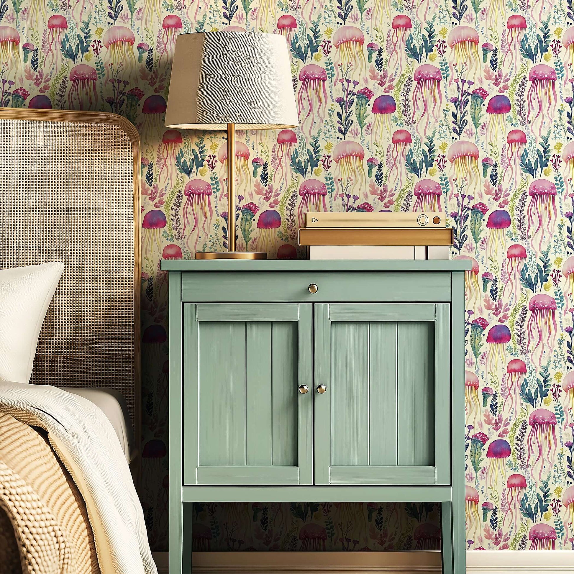 Floral wallpaper with pink jellyfish and teal leaves in a coastal-themed bedroom setting, adding a marine touch to the decor.