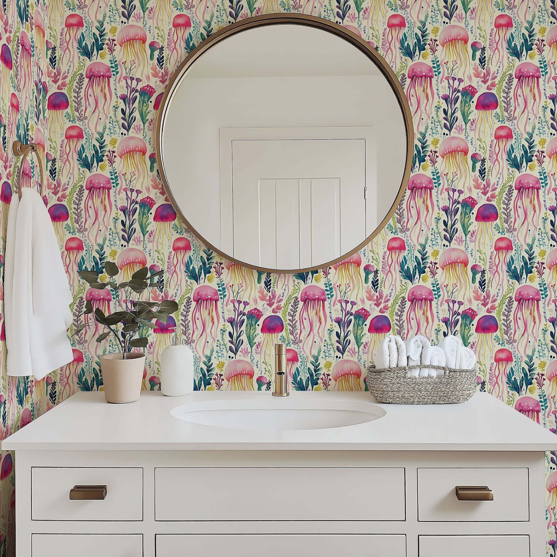 Coastal bathroom featuring Enchanted Jelly Blooms wallpaper with colorful jellyfish and sea flora, enhancing marine ambiance.