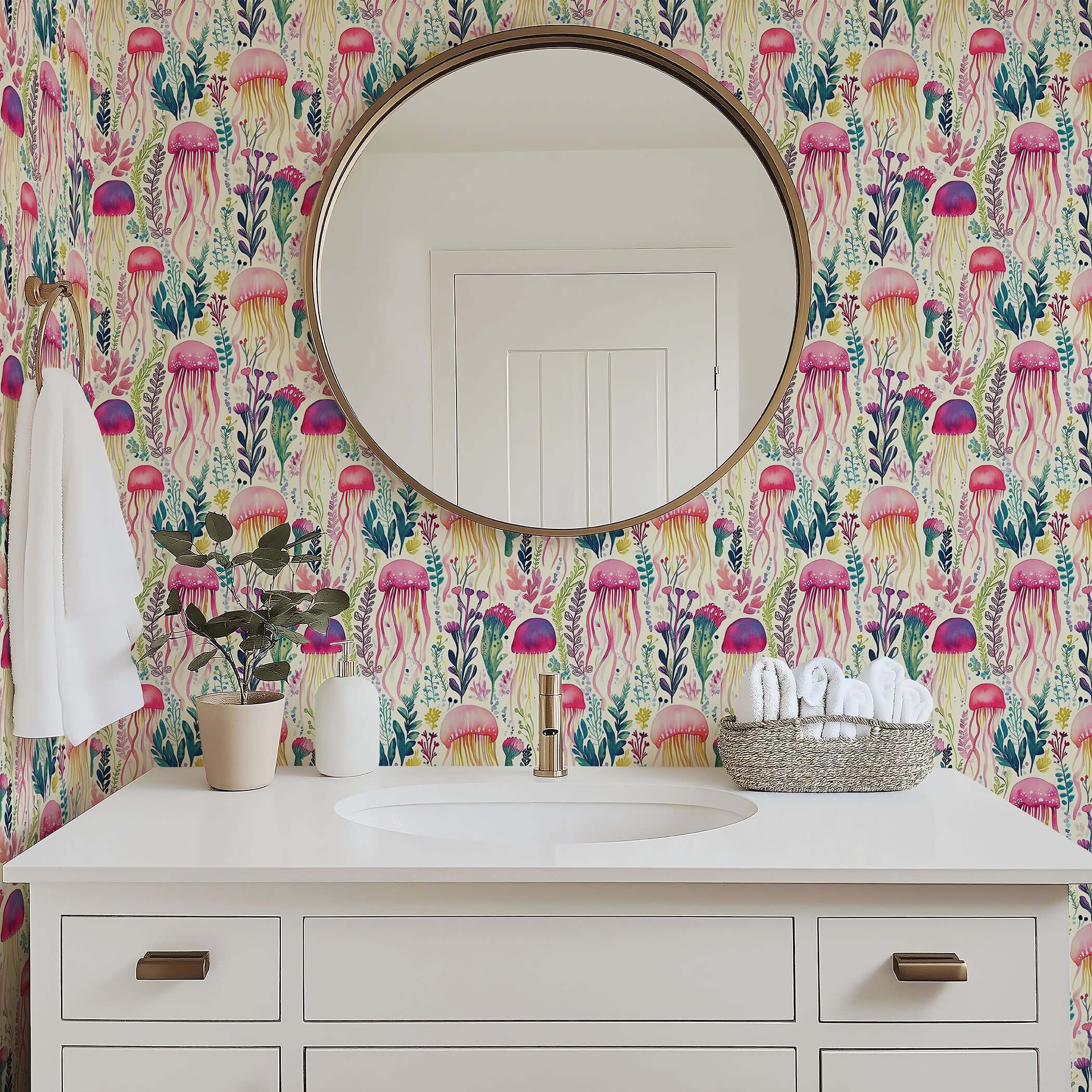 Coastal bathroom featuring Enchanted Jelly Blooms wallpaper with colorful jellyfish and sea flora, enhancing marine ambiance.