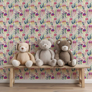 Colorful jellyfish wallpaper with whimsical sea flora, creating a coastal vibe, ideal for nurseries or children's rooms. Enchanted Jelly Blooms.