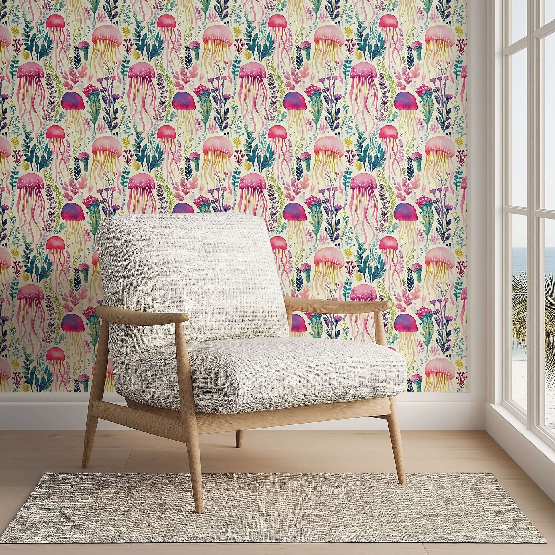 Enchanted Jelly Blooms wallpaper featuring colorful jellyfish and sea flora, creating a whimsical coastal atmosphere in a room.