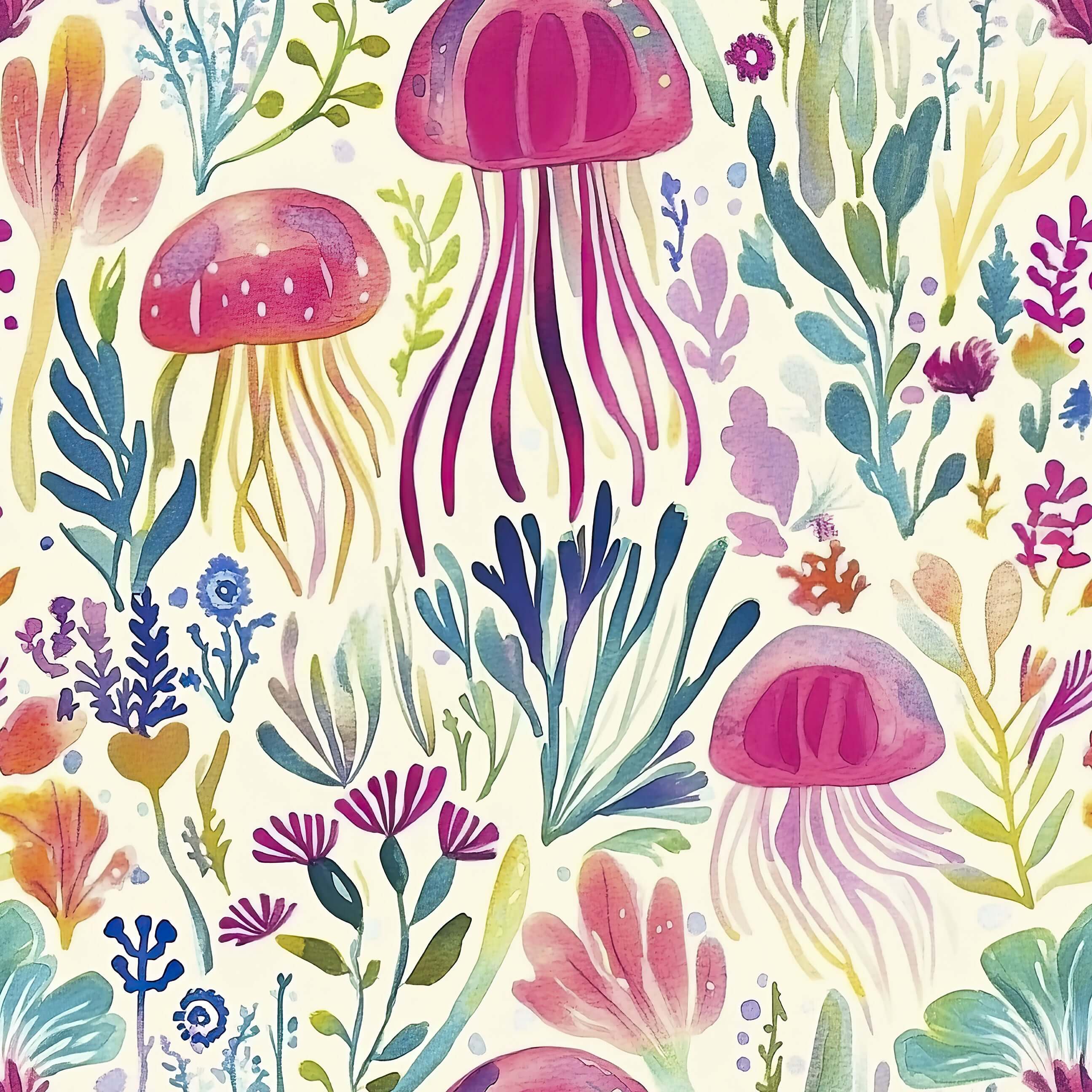 Colorful Enchanted Jelly Blooms II wallpaper featuring jellyfish, coral, and sea plants in magenta, teal, and gold for coastal decor.