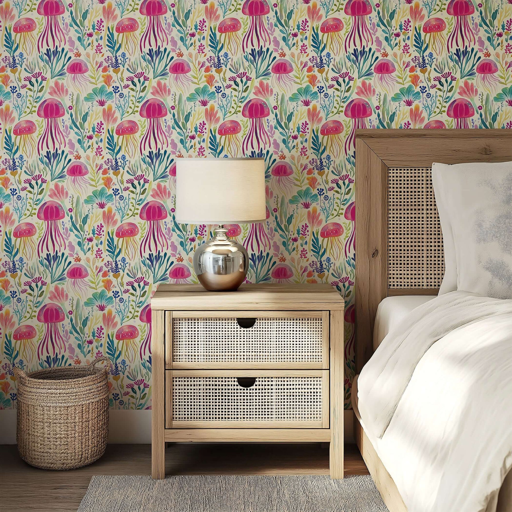 Enchanted Jelly Blooms II wallpaper with colorful jellyfish, coral, and sea plants in a coastal bedroom setting.
