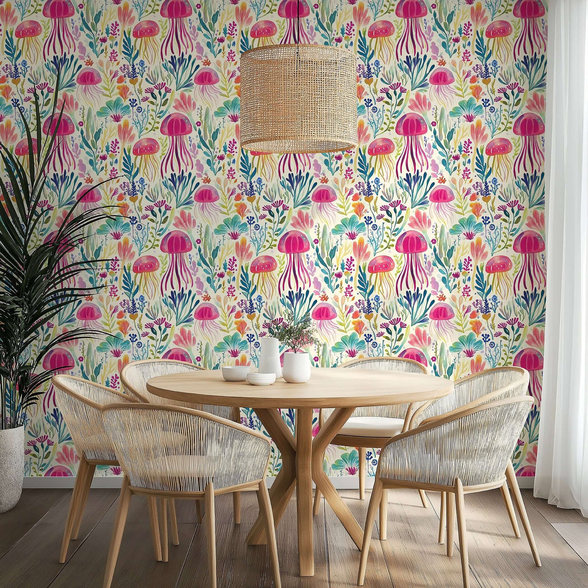 Coastal wallpaper with jellyfish and coral design in magenta, teal, and gold, creating an ocean-inspired dining space.