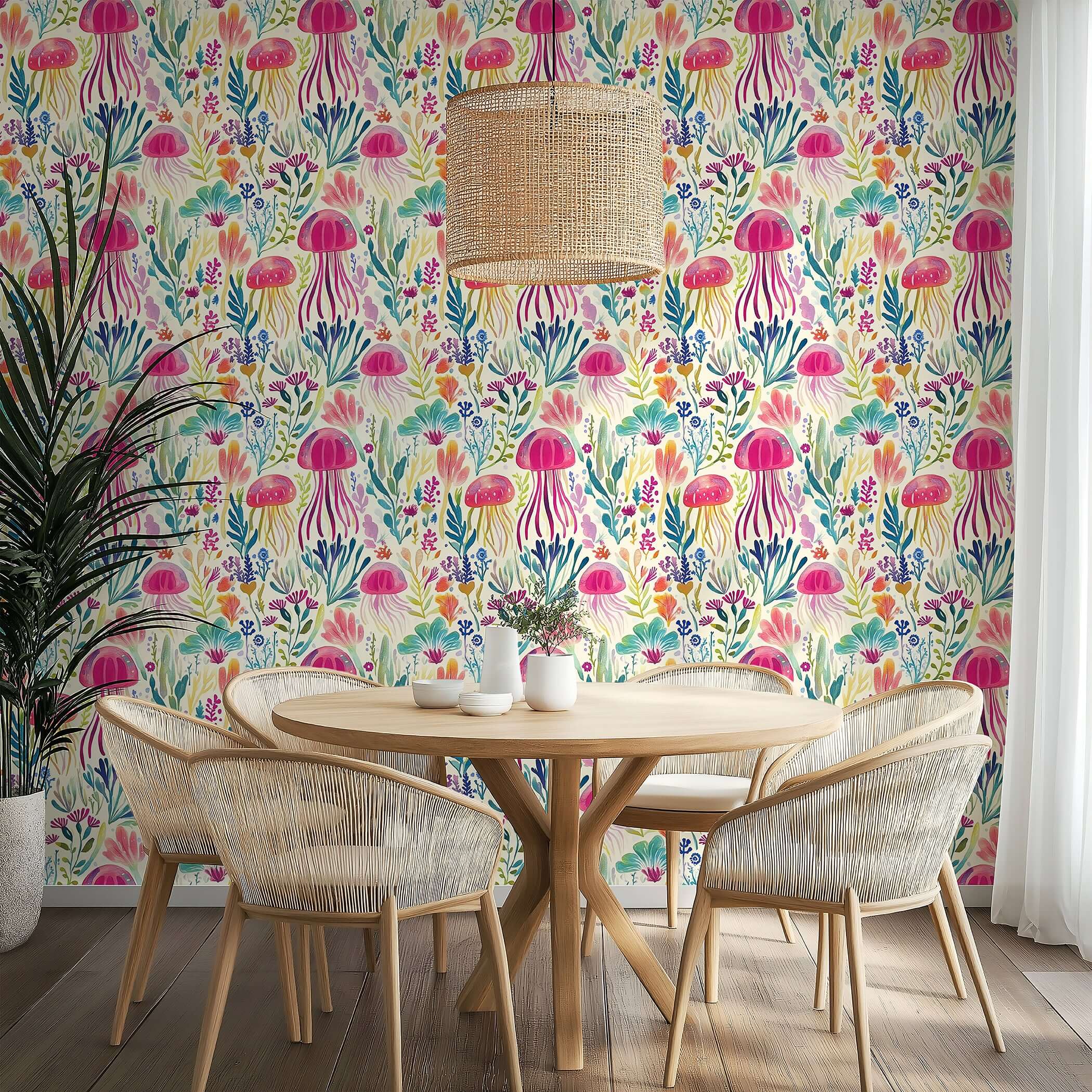 Coastal wallpaper with jellyfish and coral design in magenta, teal, and gold, creating an ocean-inspired dining space.