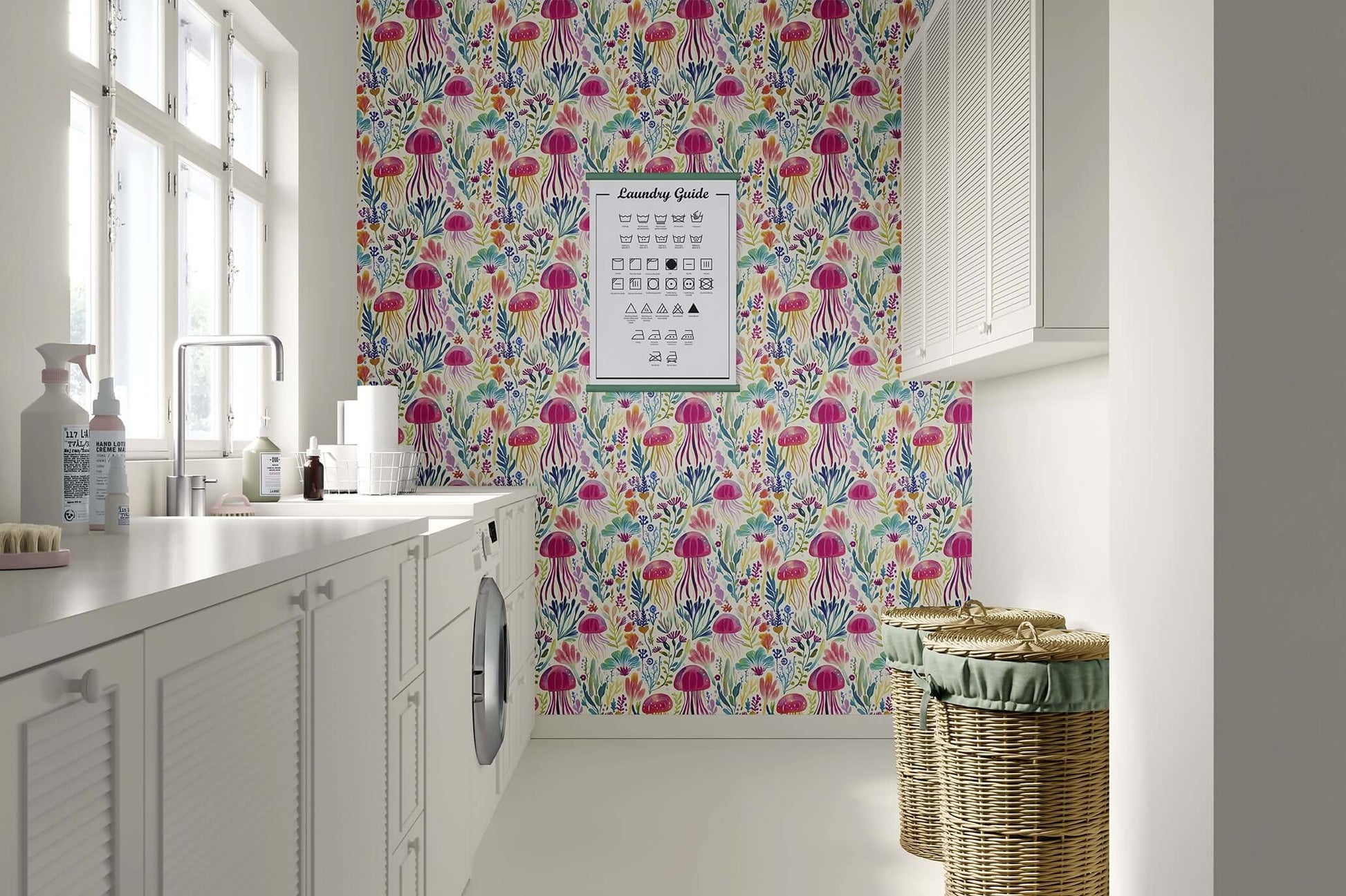 Laundry room featuring Enchanted Jelly Blooms II wallpaper with vibrant jellyfish and coral in magenta, teal, violet, and gold.