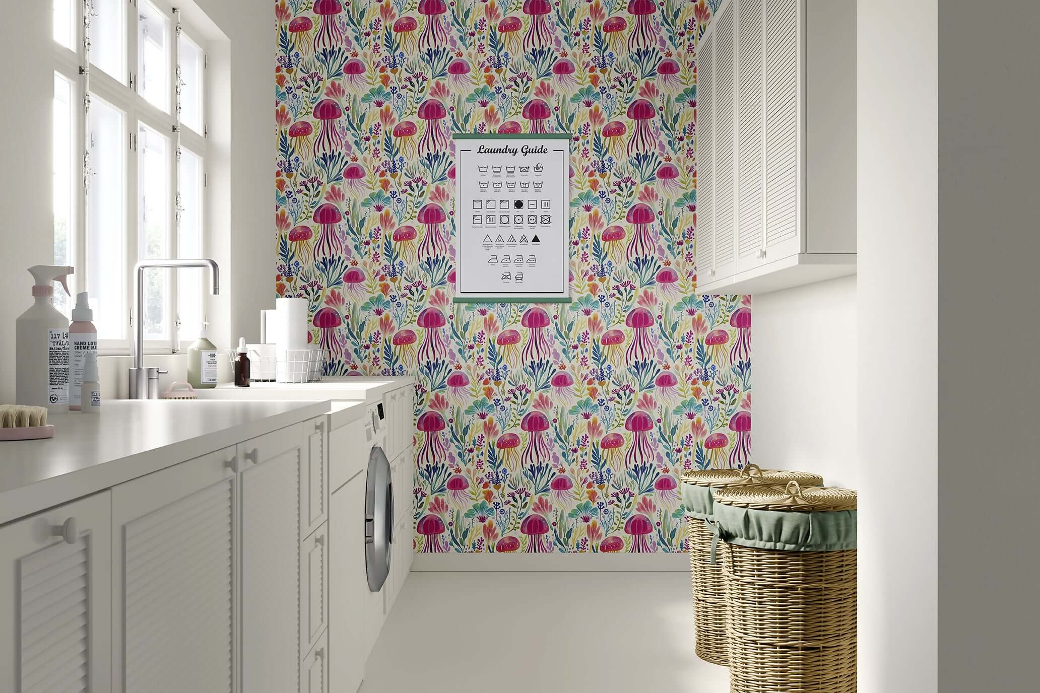 Laundry room featuring Enchanted Jelly Blooms II wallpaper with vibrant jellyfish and coral in magenta, teal, violet, and gold.