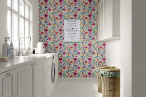 Laundry room featuring Enchanted Jelly Blooms II wallpaper with vibrant jellyfish and coral in magenta, teal, violet, and gold.