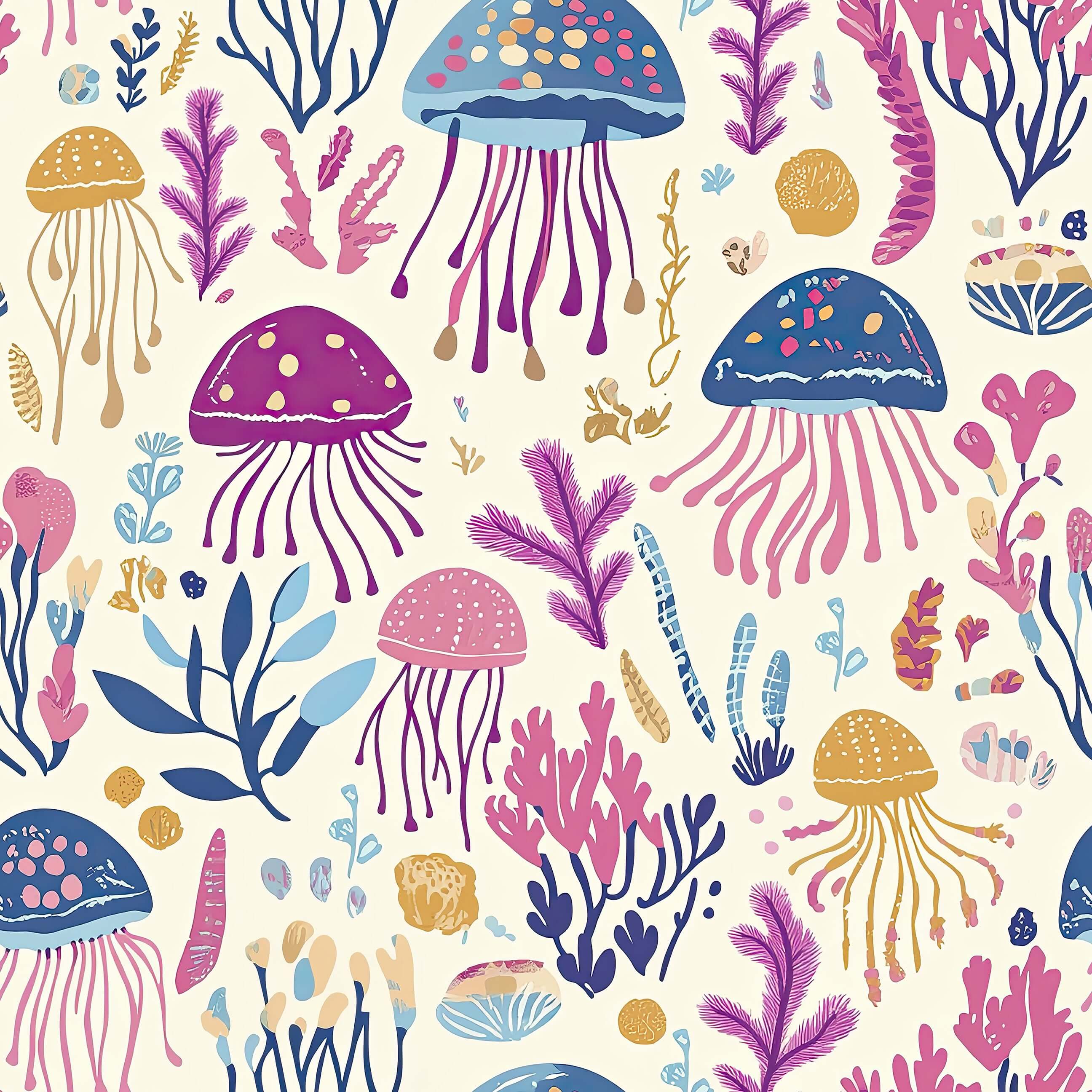 Jelly Drifts wallpaper with colorful jellyfish and sea plants in coral and sapphire, perfect for baby nurseries and playrooms.