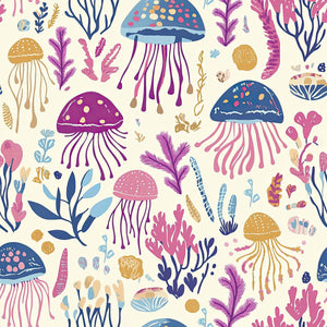 Jelly Drifts wallpaper with colorful jellyfish and sea plants in coral and sapphire, perfect for baby nurseries and playrooms.