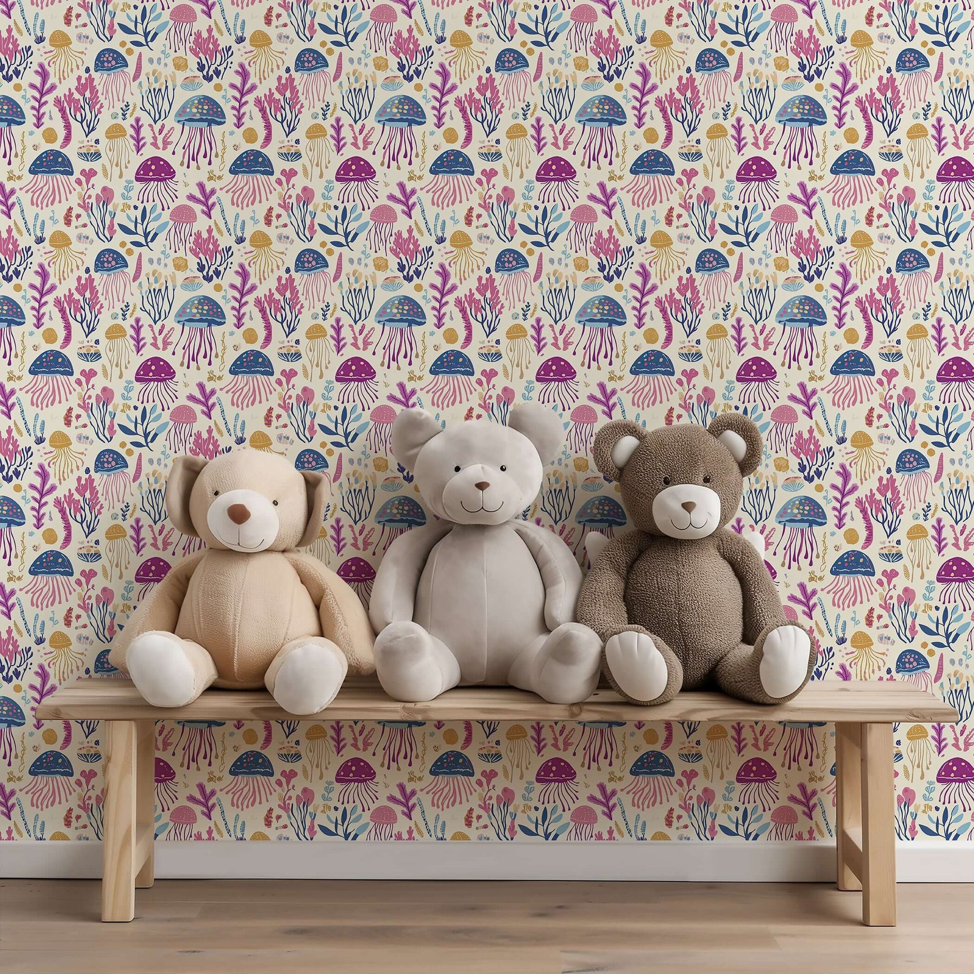 Colorful jellyfish wallpaper with teddy bears on a bench, perfect for baby nurseries and children's playrooms.