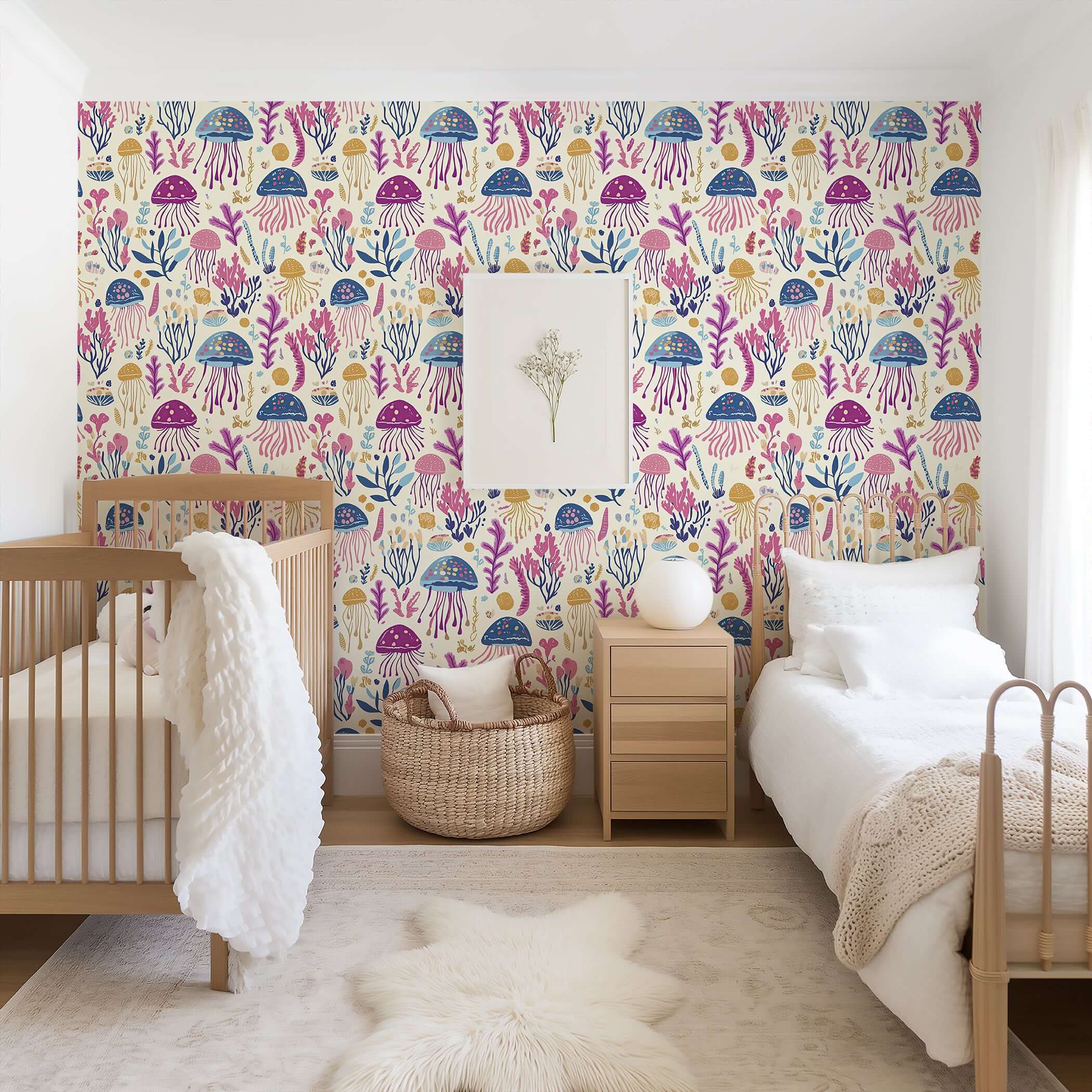 Jelly Drifts wallpaper featuring colorful jellyfish and sea plants in a cozy nursery setting, perfect for baby and children's rooms.