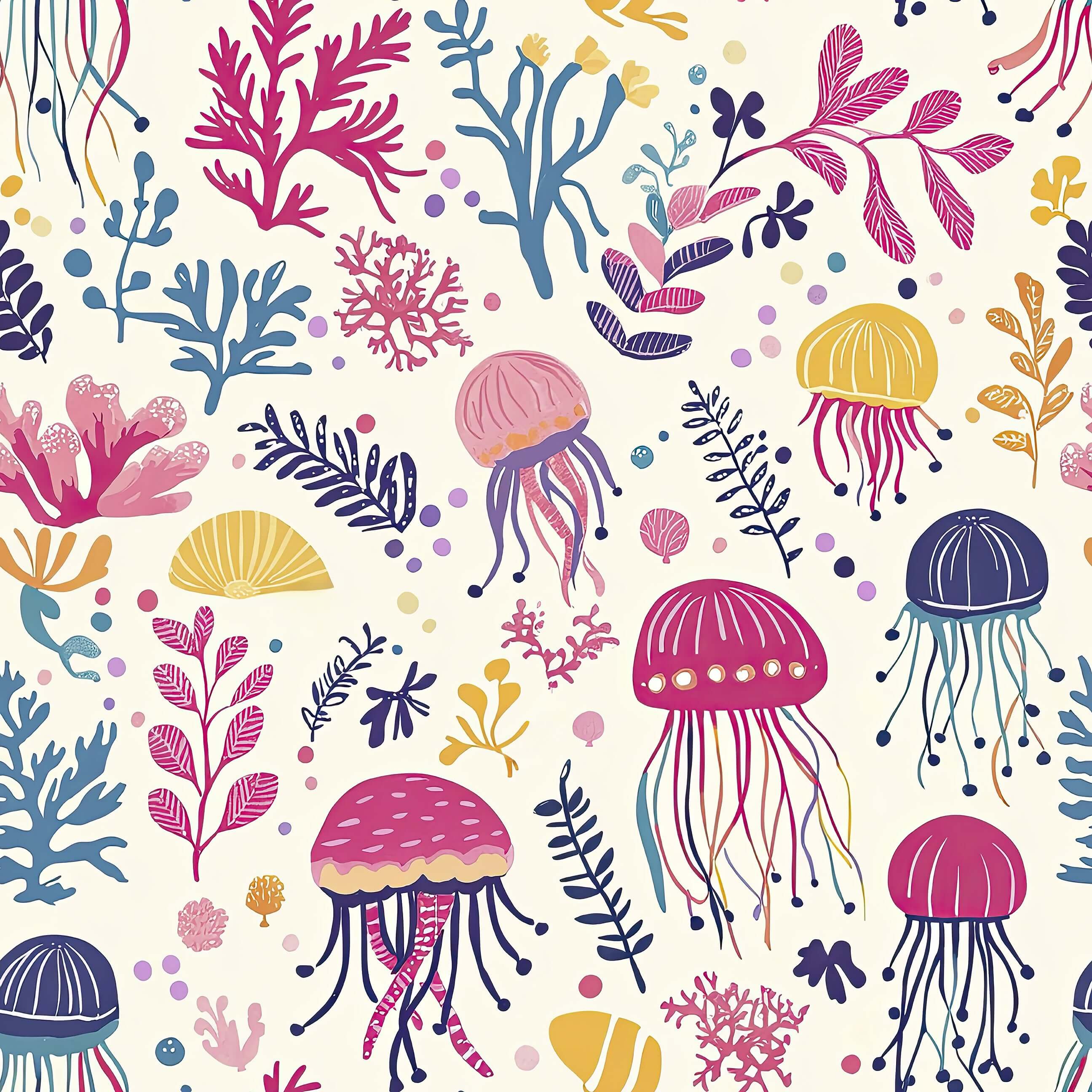 Colorful "Jelly Drifts II" wallpaper with vibrant jellyfish, seaweed, and coral, perfect for baby nurseries and kids' playrooms.