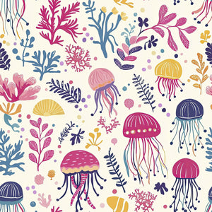 Colorful "Jelly Drifts II" wallpaper with vibrant jellyfish, seaweed, and coral, perfect for baby nurseries and kids' playrooms.