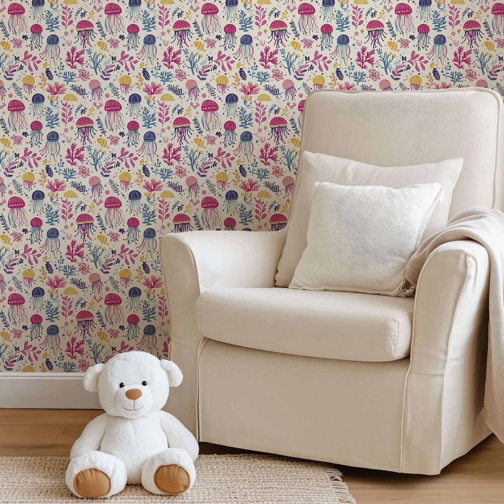 Jelly Drifts II wallpaper with colorful jellyfish in a nursery setting, perfect for kids' rooms and playrooms.