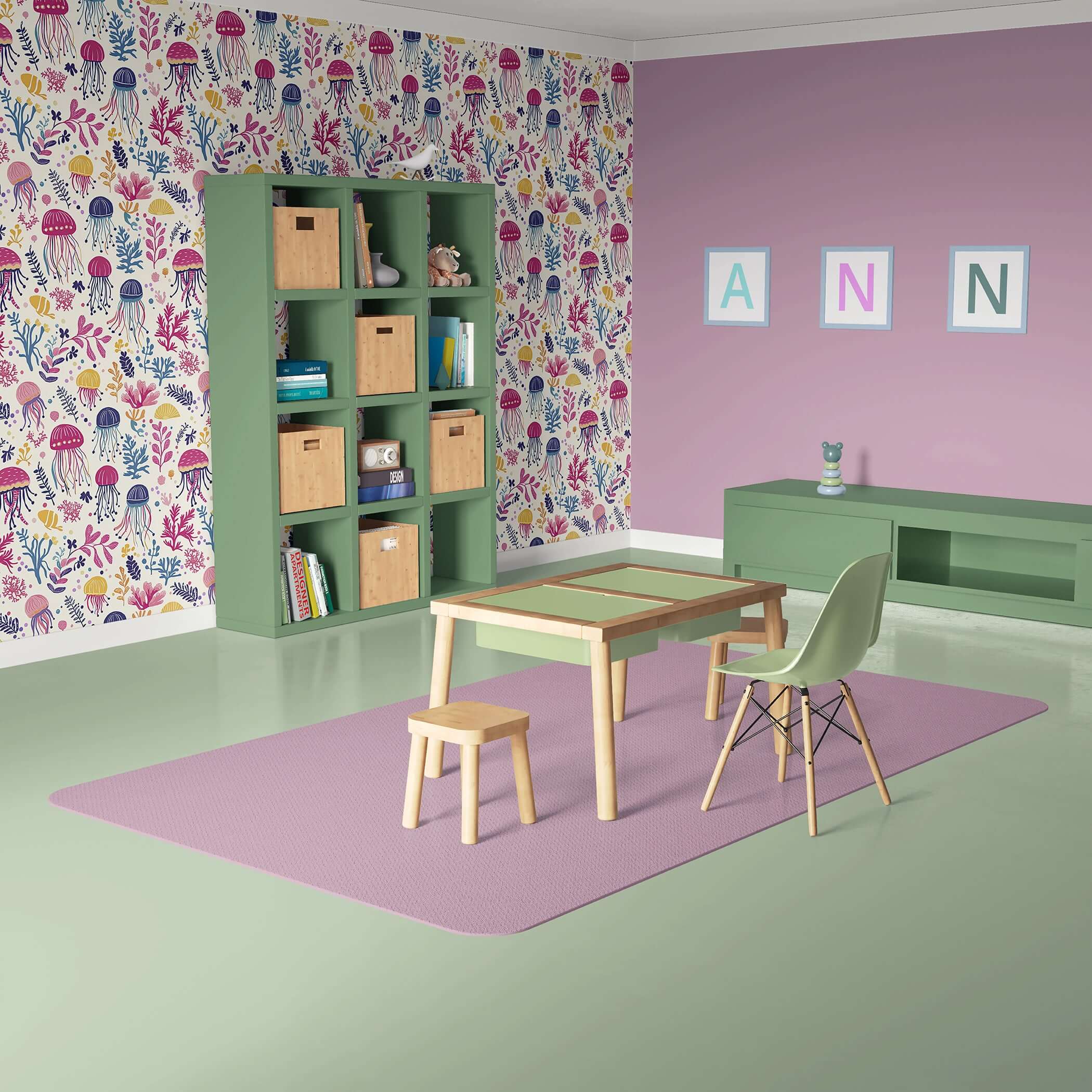 Vibrant Jelly Drifts II wallpaper with jellyfish and coral, perfect for nursery or playroom, adding marine magic to children's spaces.