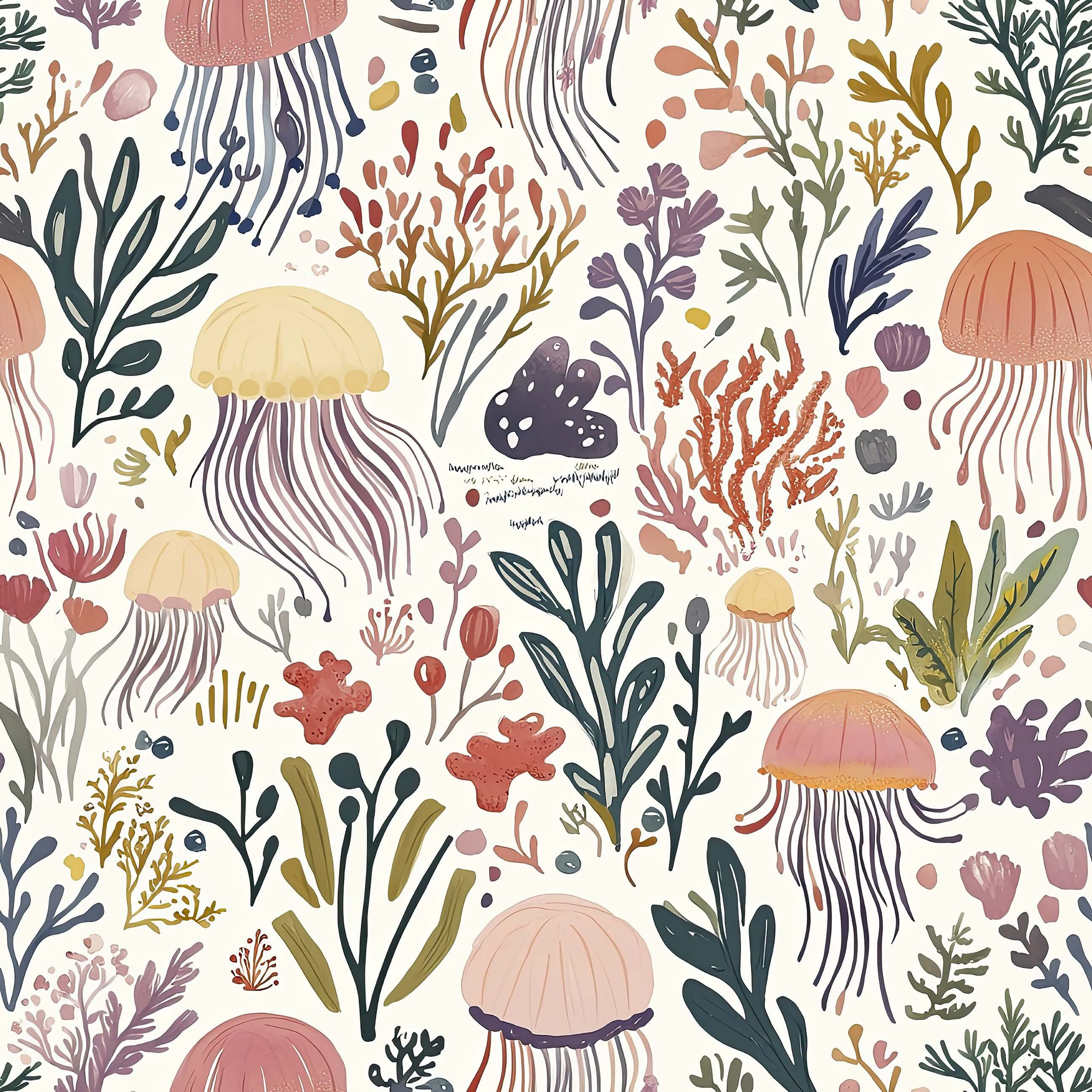 Jellyfish nursery wallpaper with ocean flora, perfect for beach-inspired children's playroom or baby nursery decor.