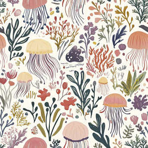 Jellyfish nursery wallpaper with ocean flora, perfect for beach-inspired children's playroom or baby nursery decor.