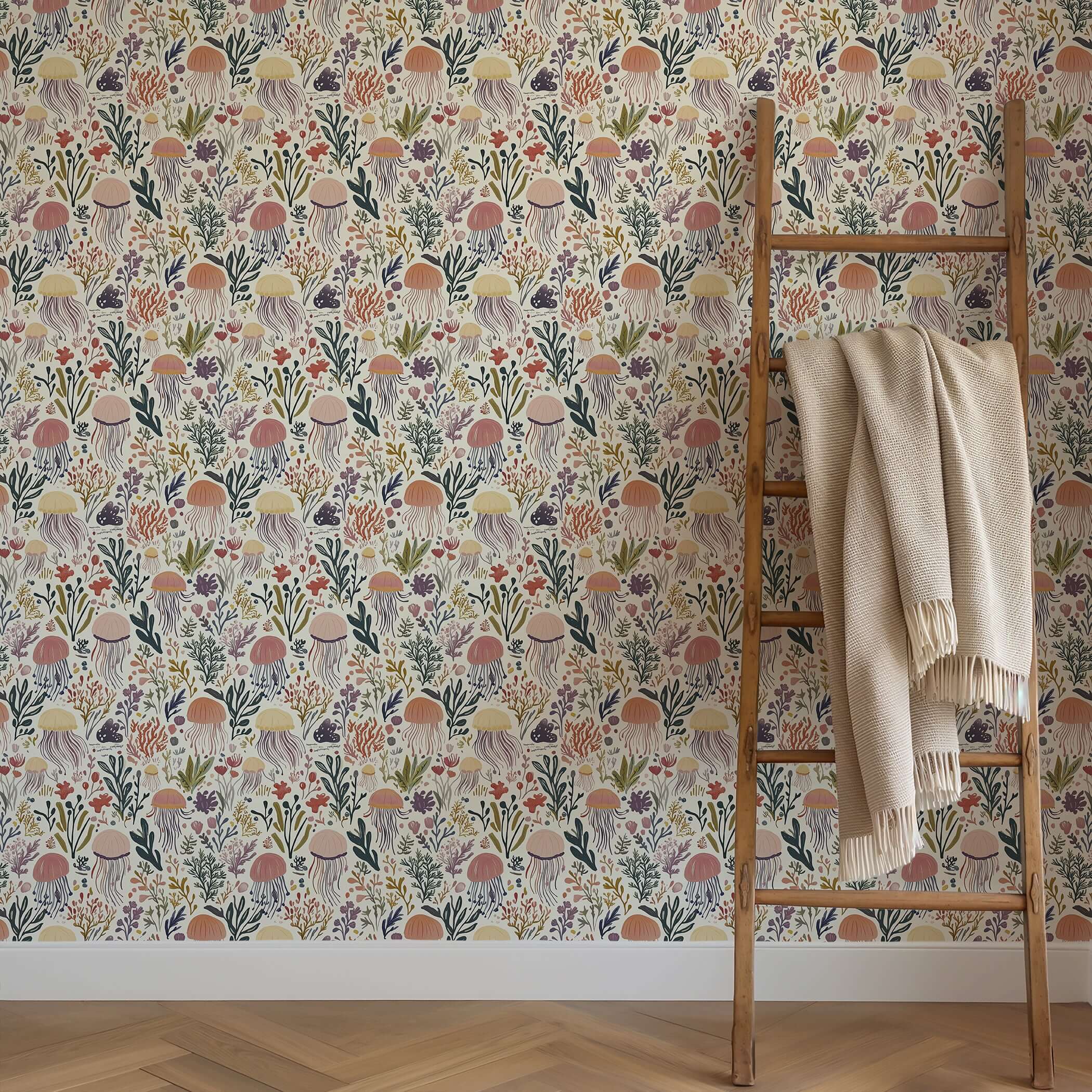 Alt Tag: Coral and Current jellyfish wallpaper for baby's nursery or playroom, featuring ocean flora in soothing, earthy tones.