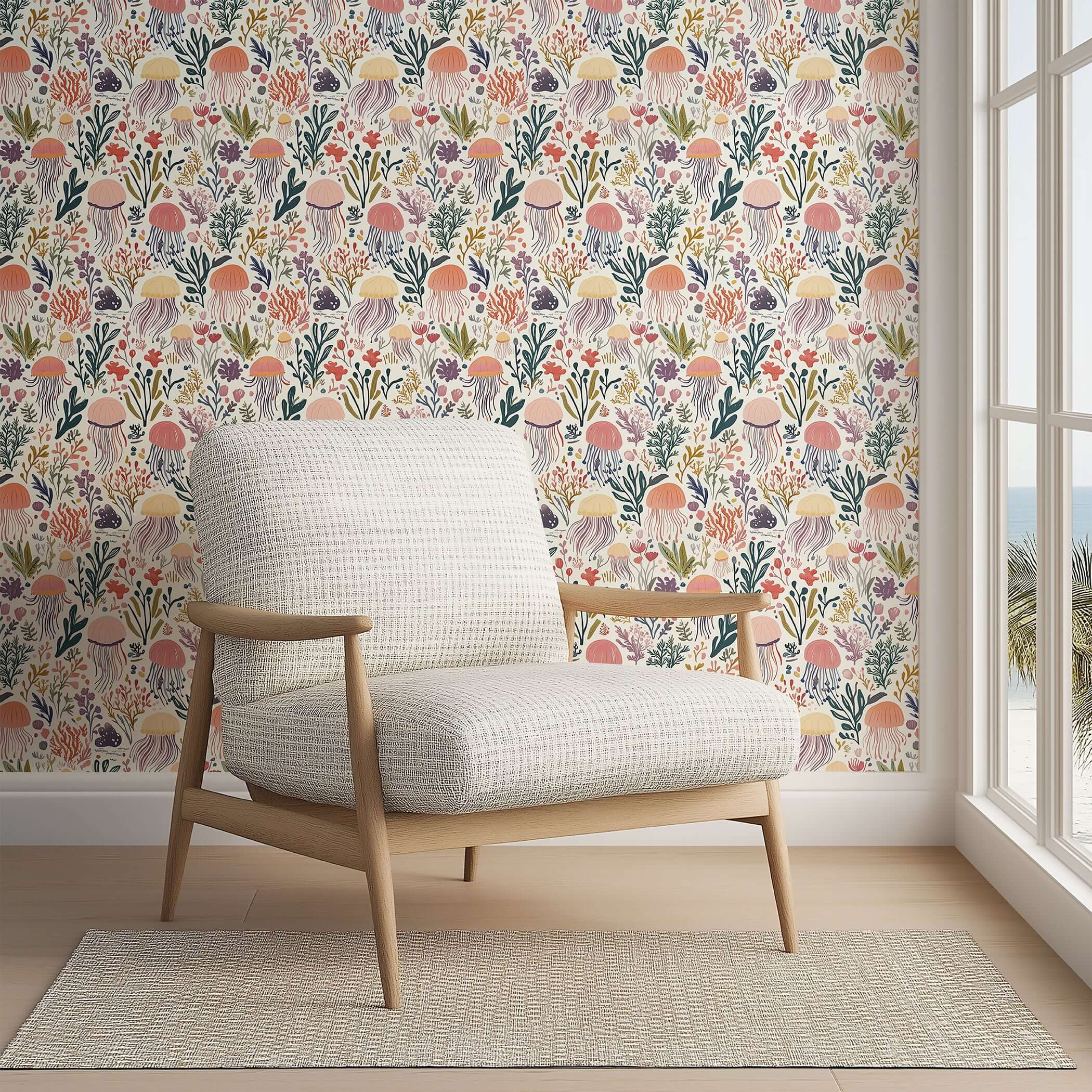 Coastal wallpaper with jellyfish and ocean flora in earthy tones, perfect for a baby nursery or children's playroom.