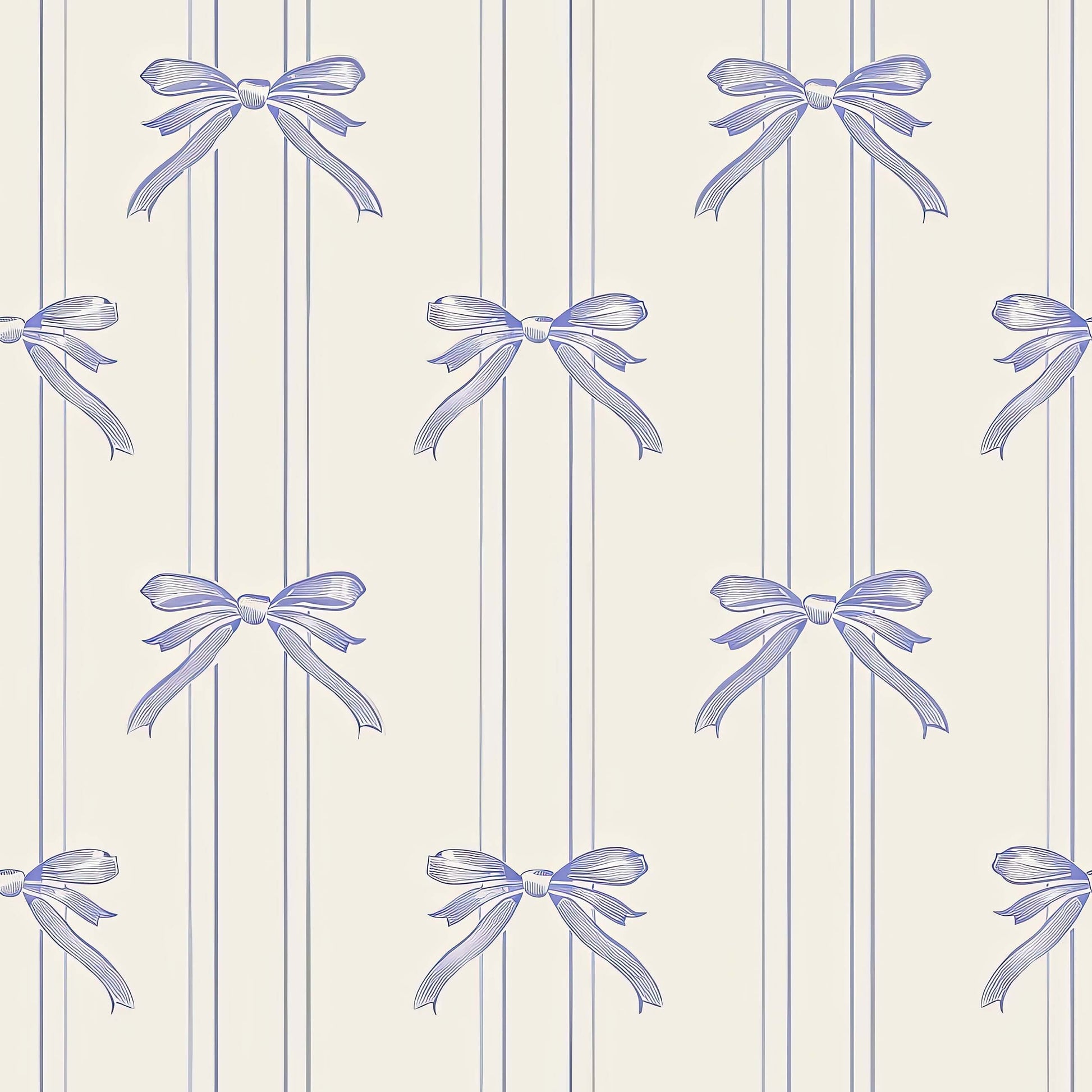 Vintage lavender ribbons wallpaper with bows on cream pinstripes, ideal for nurseries, playrooms, and feminine décor themes.