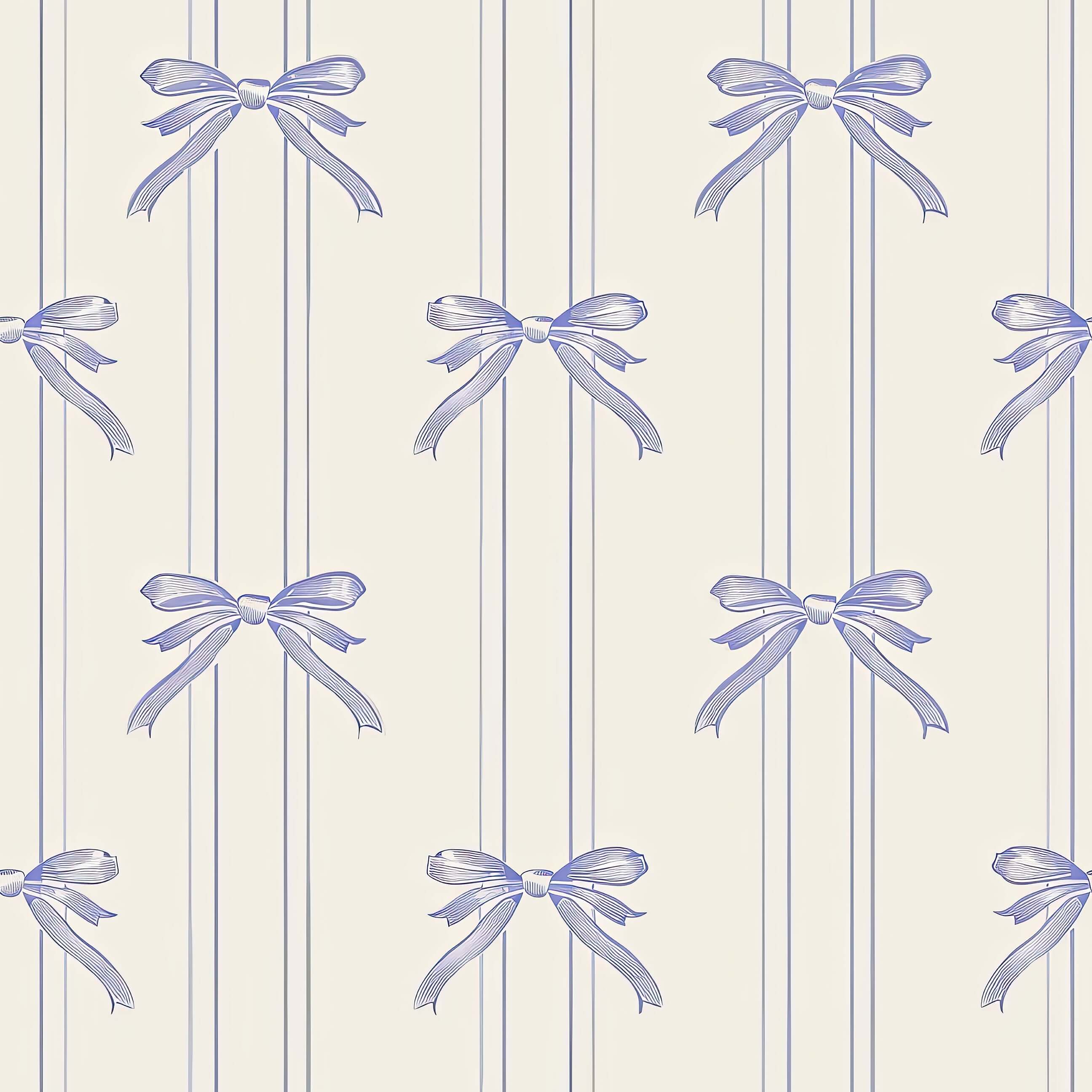 Vintage lavender ribbons wallpaper with bows on cream pinstripes, ideal for nurseries, playrooms, and feminine décor themes.