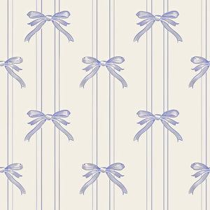 Vintage lavender ribbons wallpaper with bows on cream pinstripes, ideal for nurseries, playrooms, and feminine décor themes.
