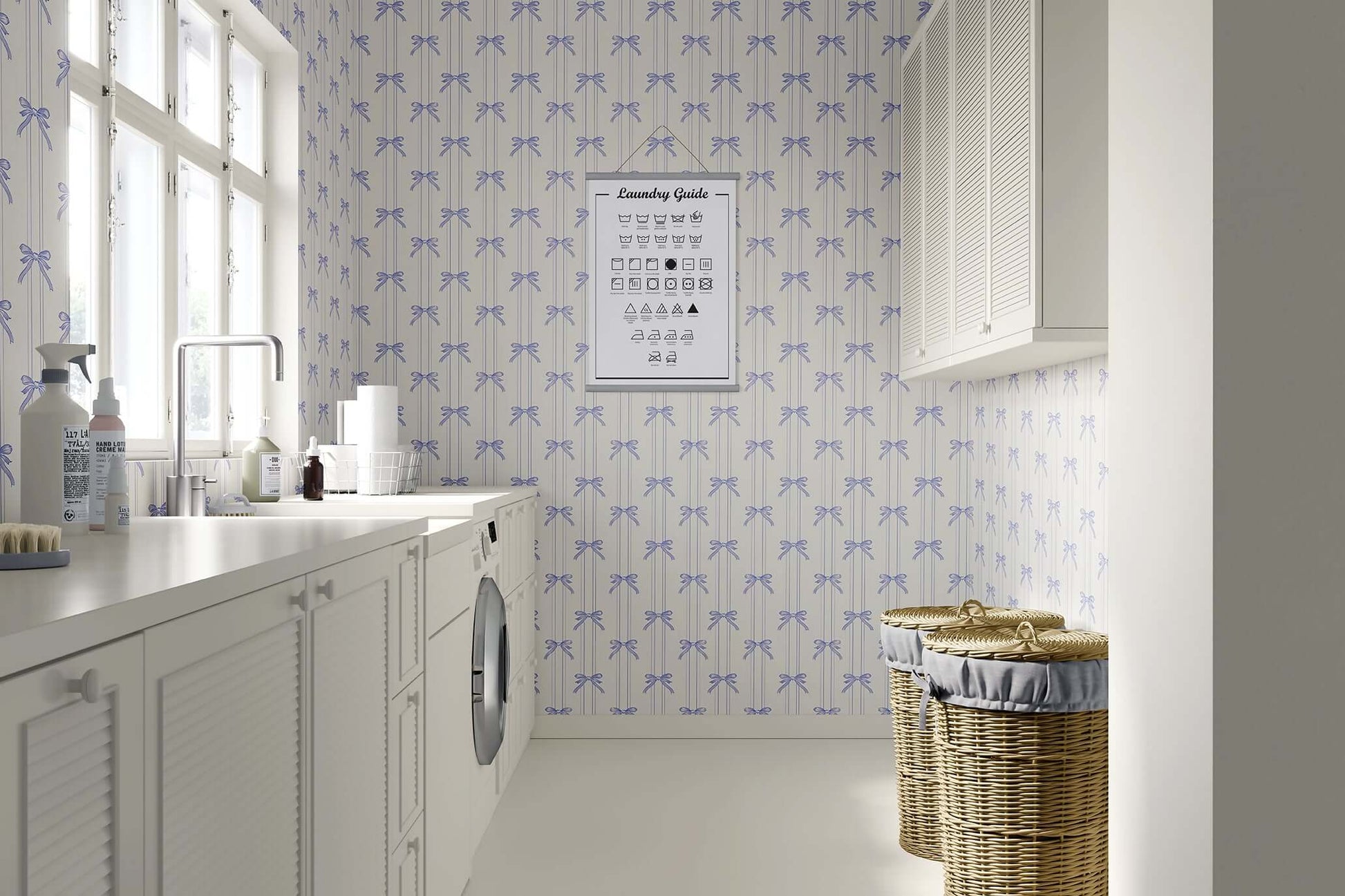 Laundry room with lavender ribbons wallpaper, featuring hand-drawn bows and cream pinstripes, perfect for a chic cottagecore theme.