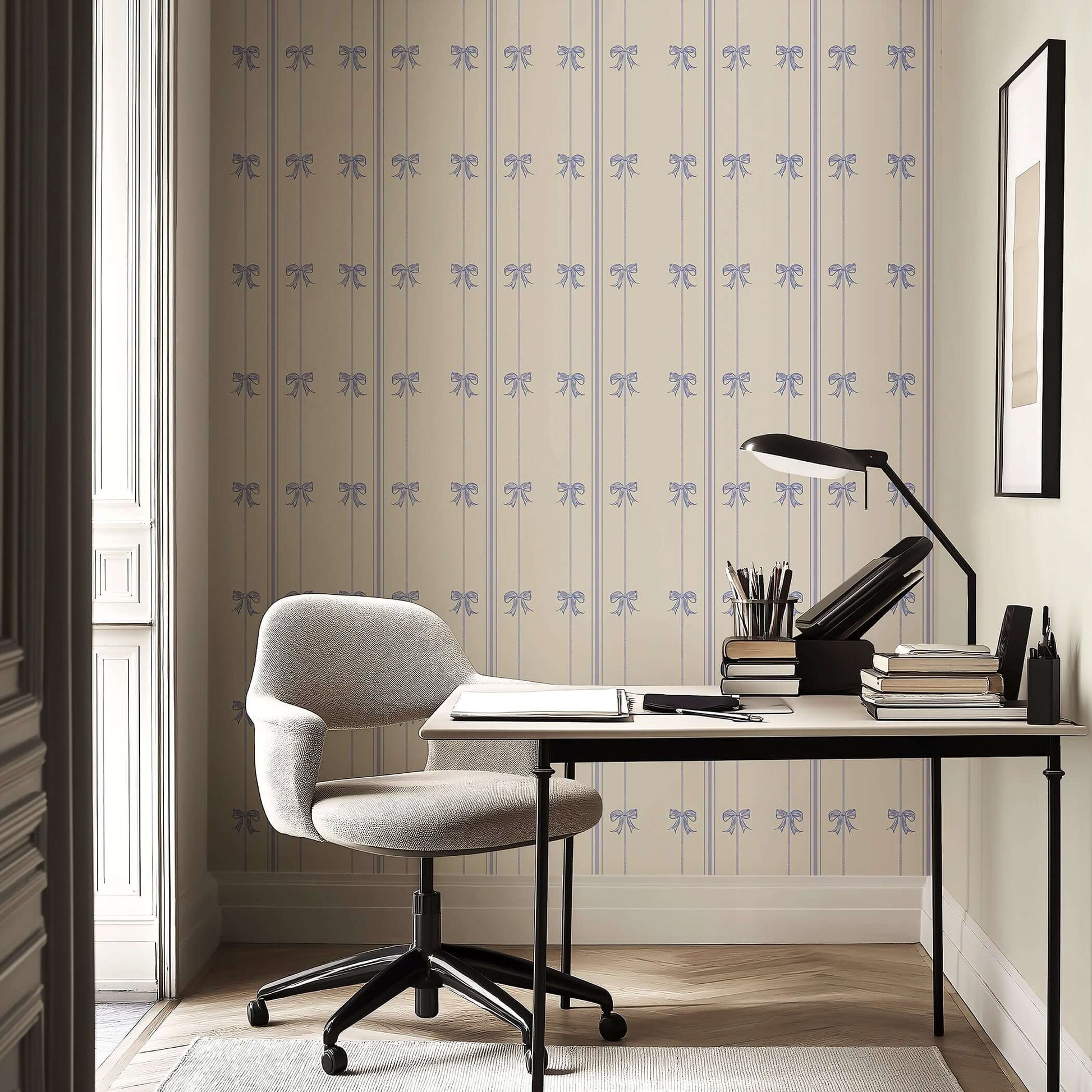 Elegant nursery wallpaper with blue bows and stripes, perfect for a children's room. Ideal for a baby nursery or playroom with lavender ribbons.