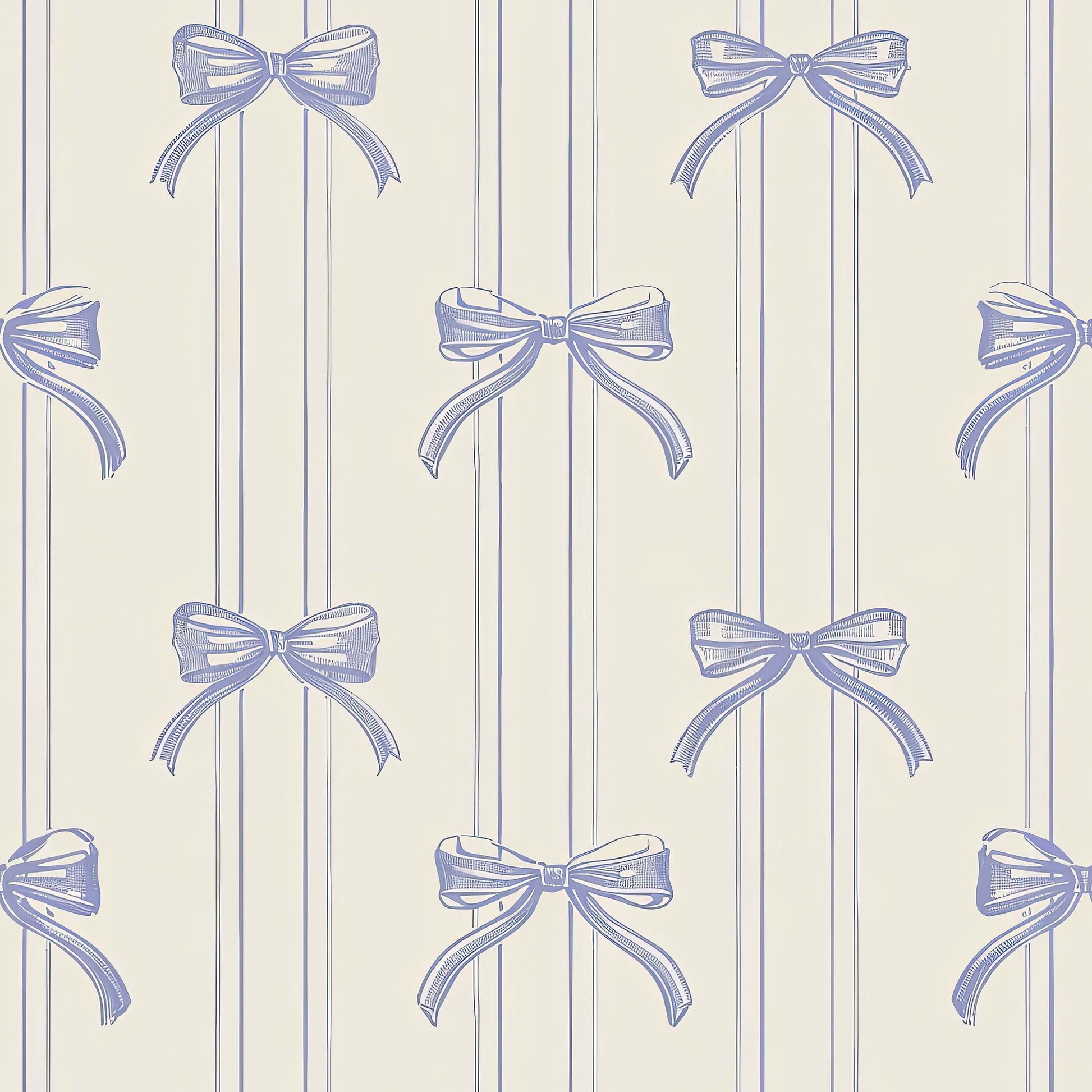 Vintage wallpaper with lavender bow-tied ribbons and soft stripes; perfect for nurseries, baby rooms, and playroom decor.