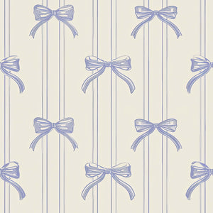 Vintage wallpaper with lavender bow-tied ribbons and soft stripes; perfect for nurseries, baby rooms, and playroom decor.