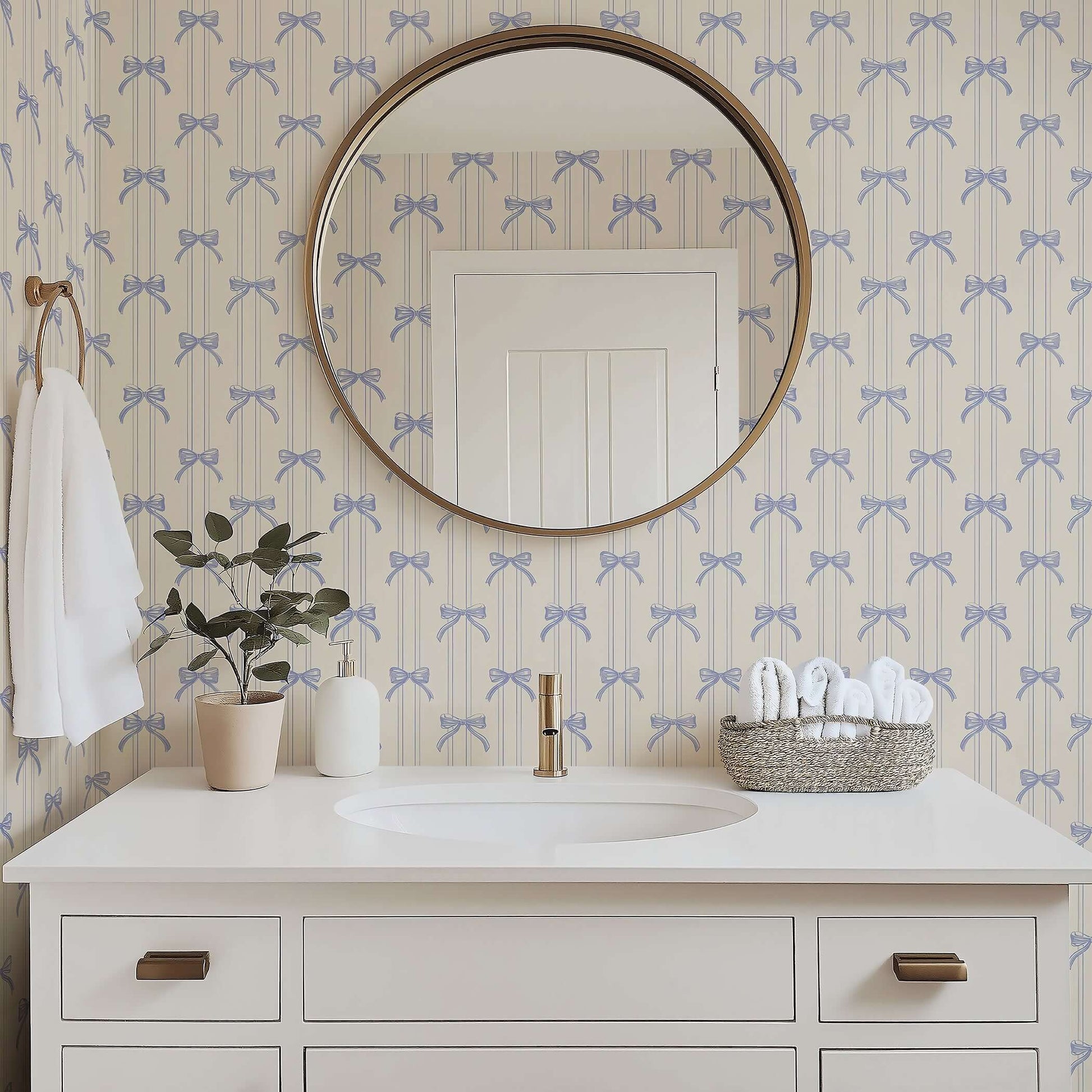 Elegant bathroom with Bow-Tied Beauty wallpaper featuring lavender ribbons and bows, perfect for nurseries or feminine spaces.