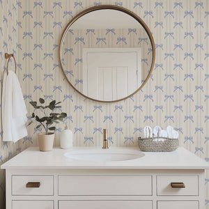 Elegant bathroom with Bow-Tied Beauty wallpaper featuring lavender ribbons and bows, perfect for nurseries or feminine spaces.