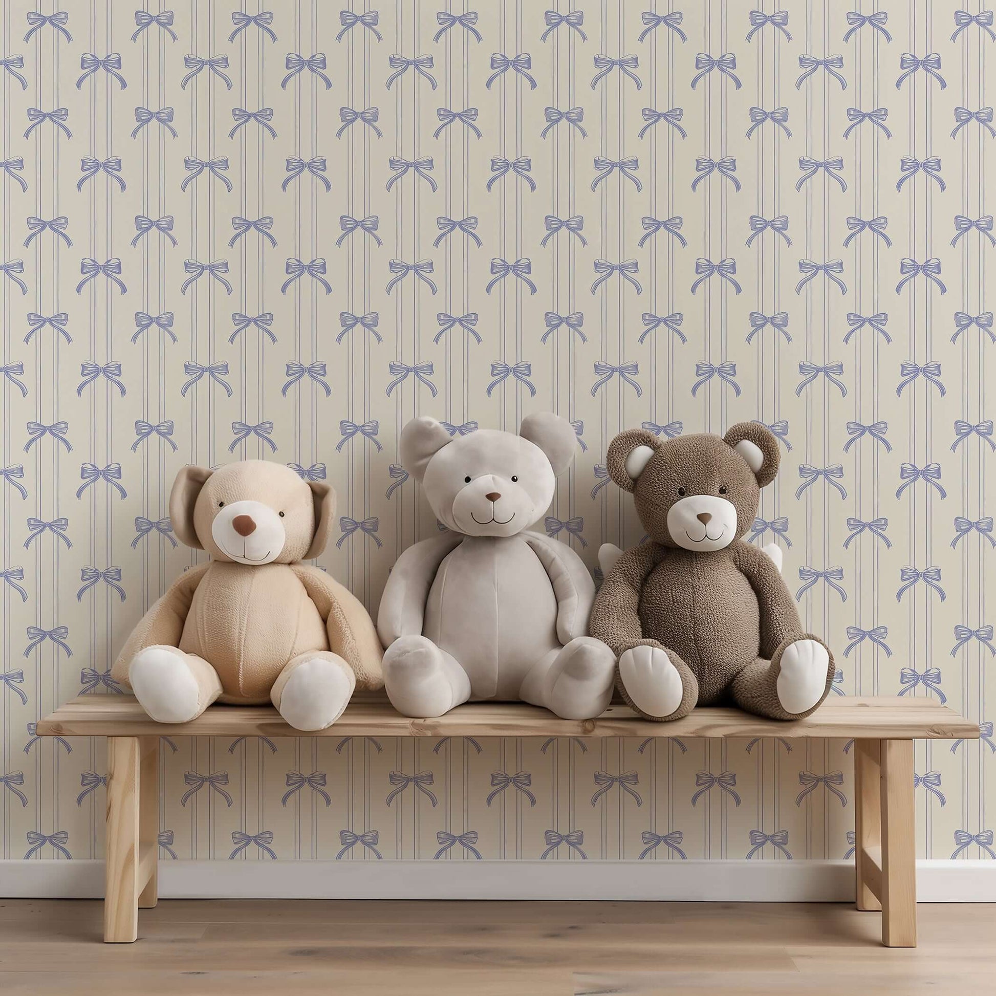 Lavender bow wallpaper with teddy bears on a bench, perfect for nurseries and playrooms. Vintage elegance meets childhood charm.