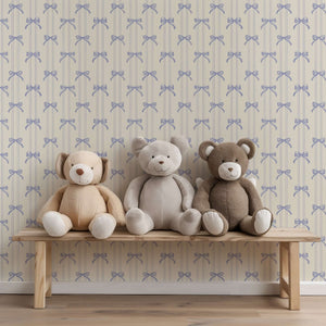 Lavender bow wallpaper with teddy bears on a bench, perfect for nurseries and playrooms. Vintage elegance meets childhood charm.