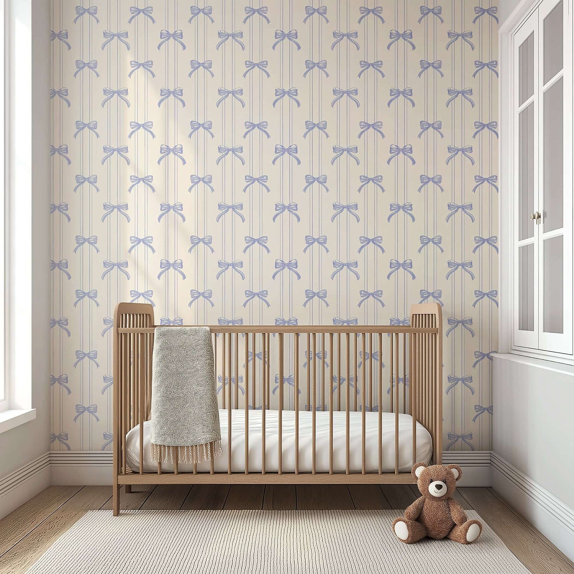 Lavender bow-tied wallpaper in nursery with crib and teddy bear, perfect vintage decor for baby rooms and children's playrooms.
