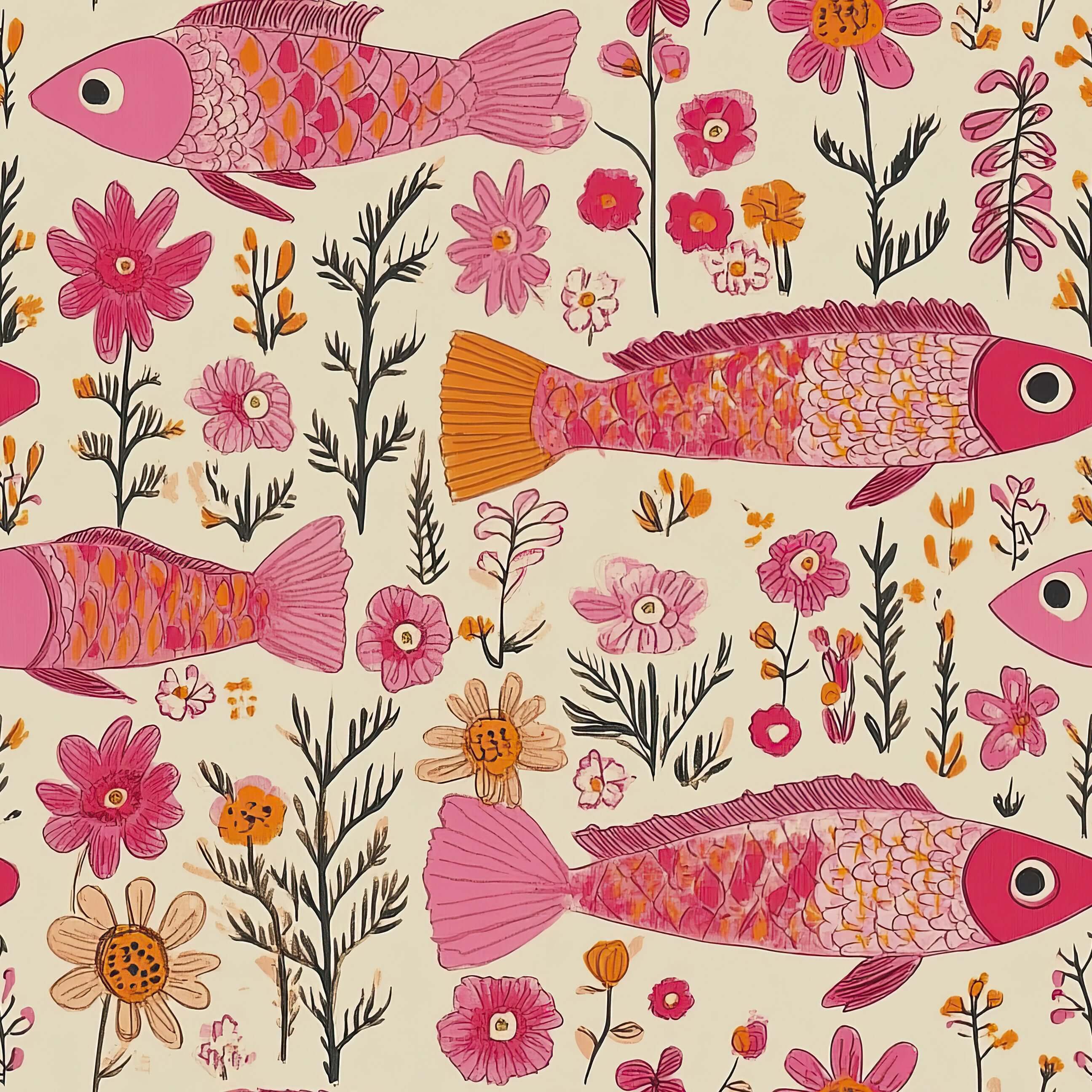 Colorful floral fish wallpaper with whimsical pink fish and vibrant florals, perfect for coastal themed nurseries and playrooms.
