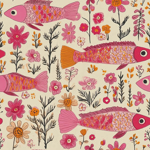 Colorful floral fish wallpaper with whimsical pink fish and vibrant florals, perfect for coastal themed nurseries and playrooms.